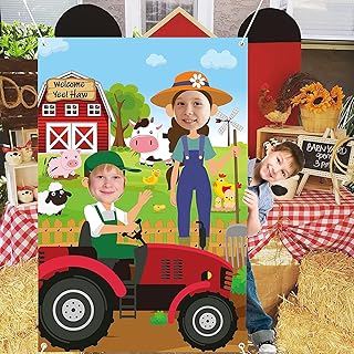 Haooryx Farm Animals Photo Door Banner Large Satin Fabric Photo Booth Props Backdrop Face in Hole Background Banner Decor Barnyard Animals Theme Birthday Party Decorations Supplies Party Game for Kids