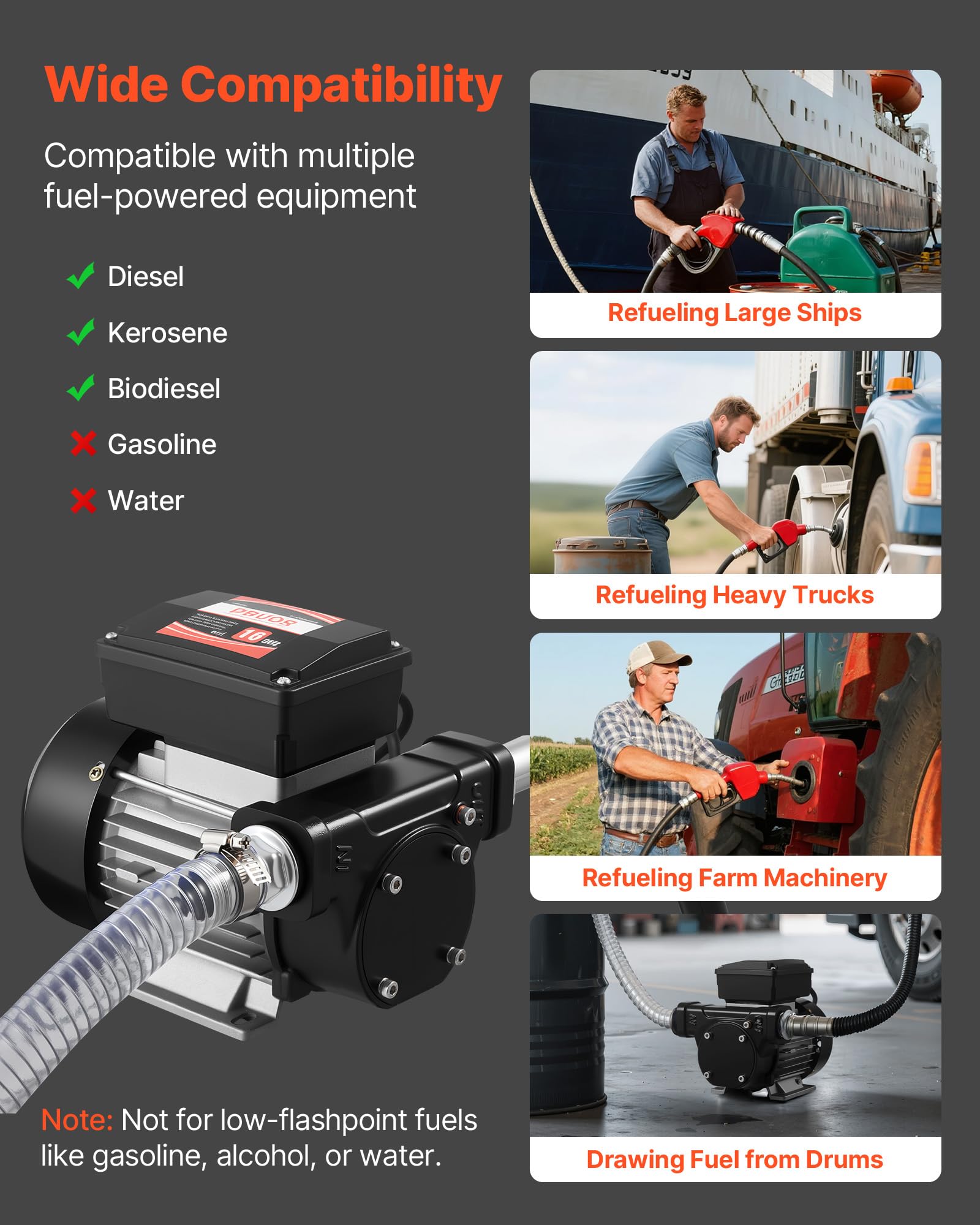VEVOR Bomba de Transferencia de Combustible, 60 L/min, con Boquilla de Combustible Automática y 2 Mangueras, Elevación Máxima de 13,7 m, para Diésel, Queroseno y Biodiésel para Vehículos