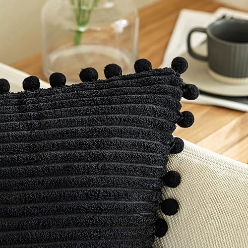 Miniatura 3 de Paquete de 2 fundas de almohada decorativas bohemias negras con pompones de 12 x 20 pulgadas, fundas de cojín de pana lindas y suaves para cama,
