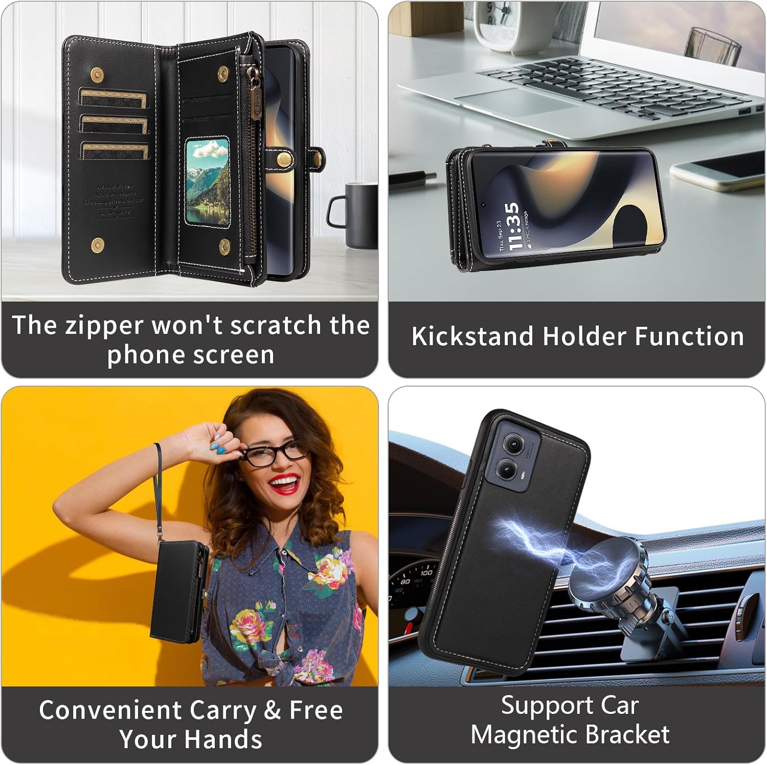 Asuwish Phone Case for Motorola Edge 5G 2024 Zipper Wallet Detachable Cell Cover with Tempered Glass Screen Protector Crossbody Lanyard Strap Flip Card Holder Slot Moto Edge2024 XT2405V Black