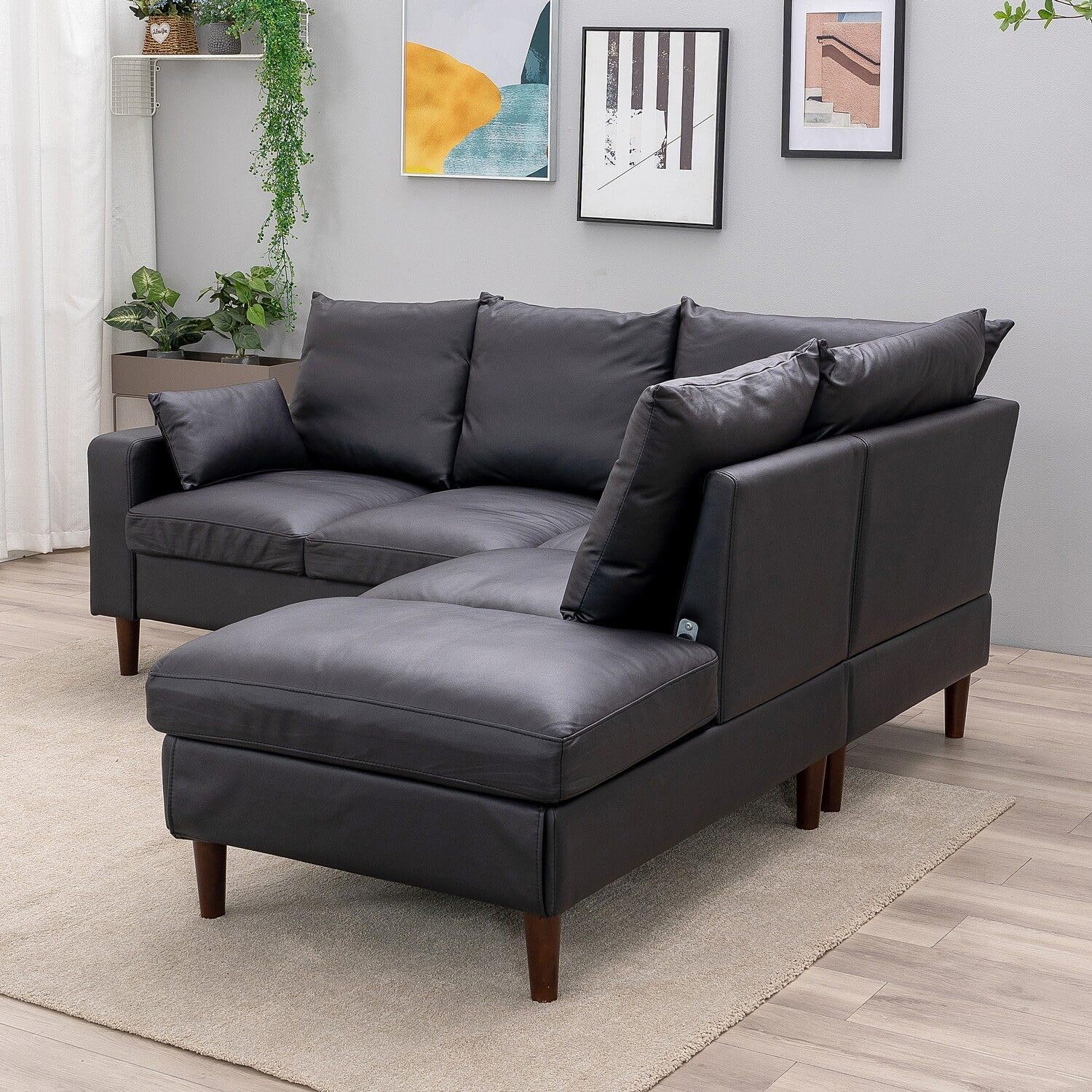 Panana Sectional Sofa Modern Faux Leather 5 Seater L Shape Corner Chaise Sofa Couch for Apartment Sectional Set with Built in USB Port Chaise