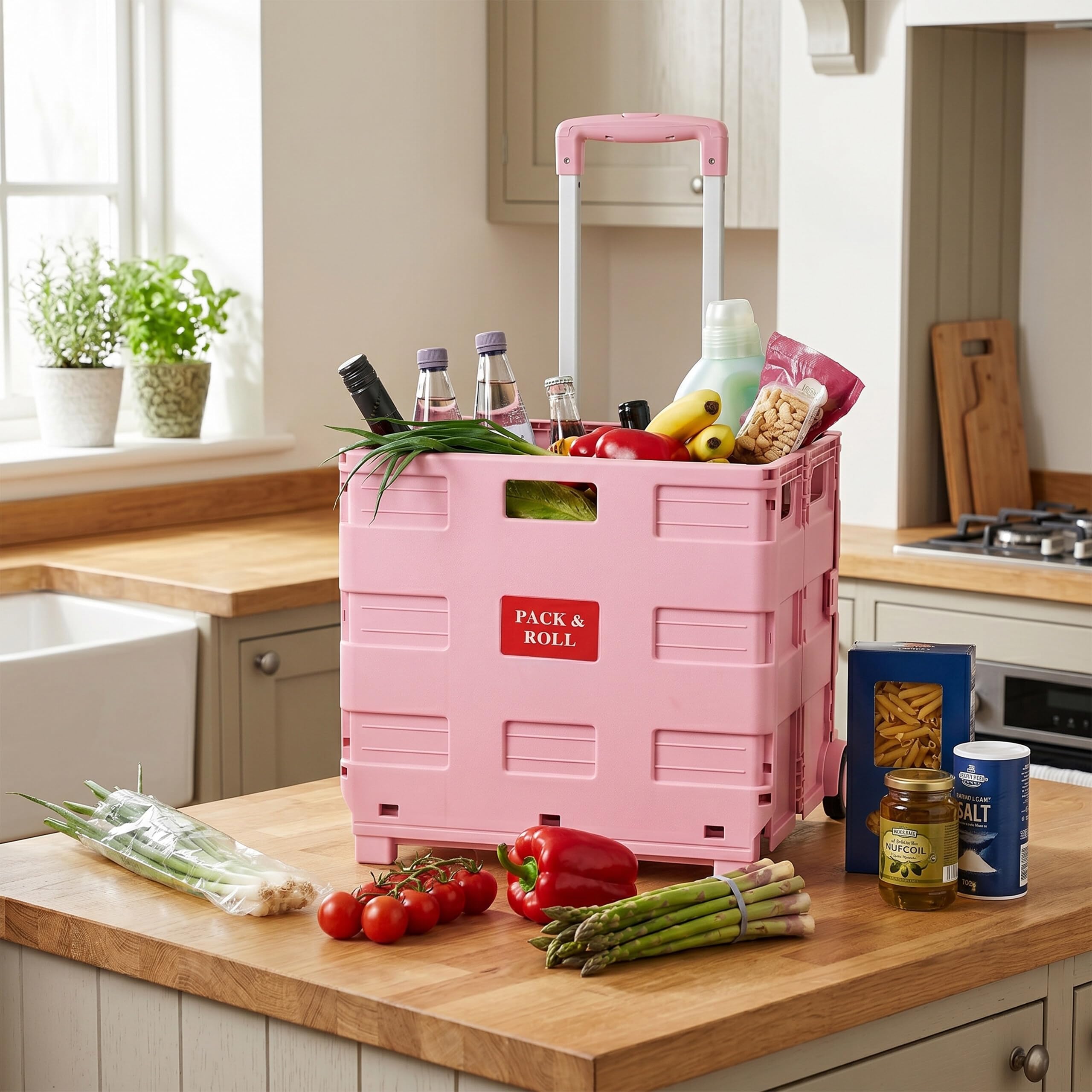 Relaxdays carrello della spesa pieghevole, cesto con ruote, rosa