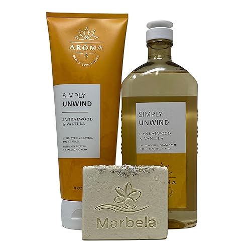 Bath & Body Works Aroma Simply Unwind Juego de regalo de sándalo y vainilla tamaño completo. Gel de baño + baño de espuma, crema corporal de