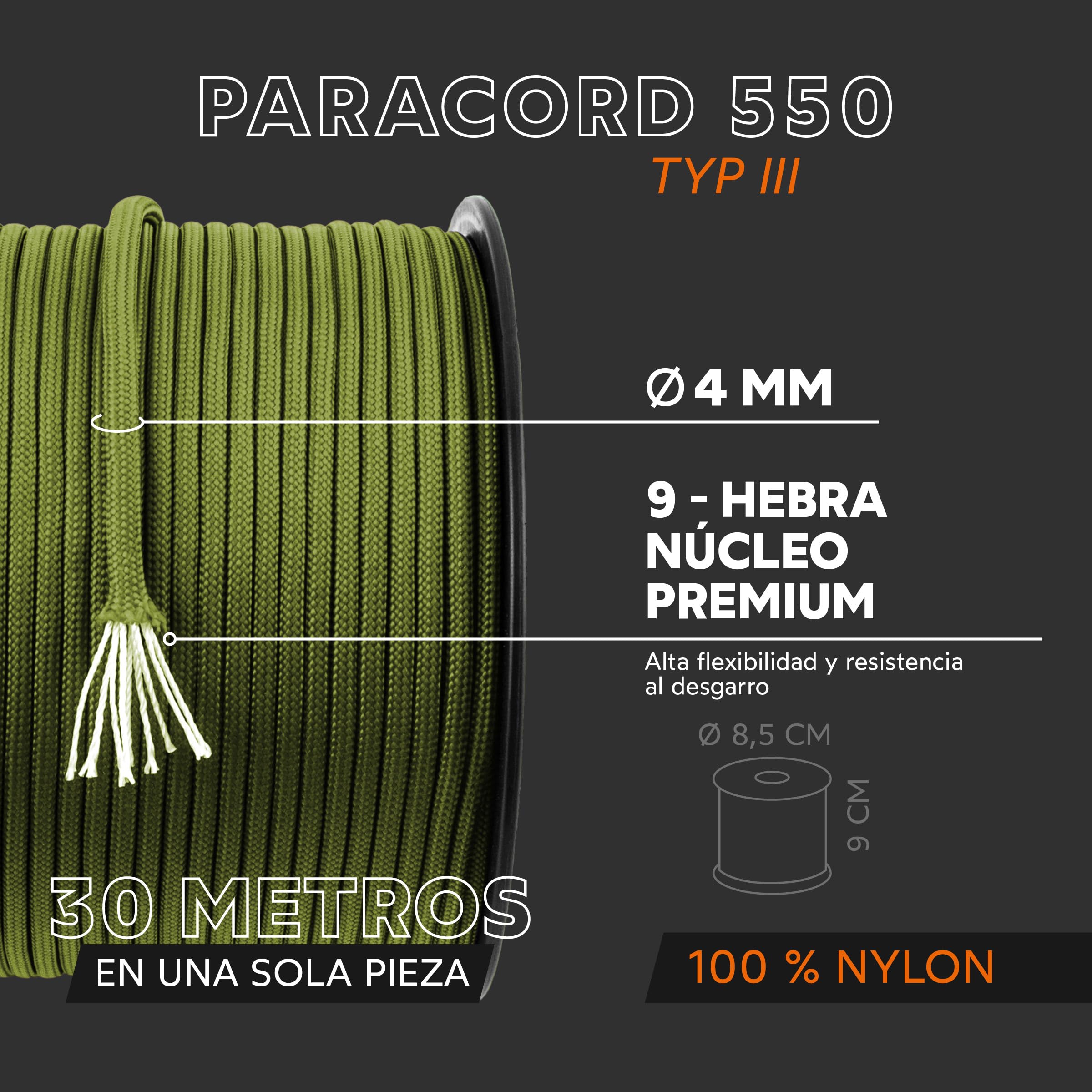GO!elements Paracord de Nylon a Prueba de Desgarros 4mm 550 Typo III Cuerda 250kg