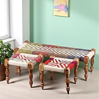 Ikiriya Hamilton Sheesham Wood 2 Seater Maachi Bench Set with 2 Stools for Living Room Home and Garden- Assorted Chindi & White Rope Canning (Teak Finish) - 17 x 48 x 16 Inch