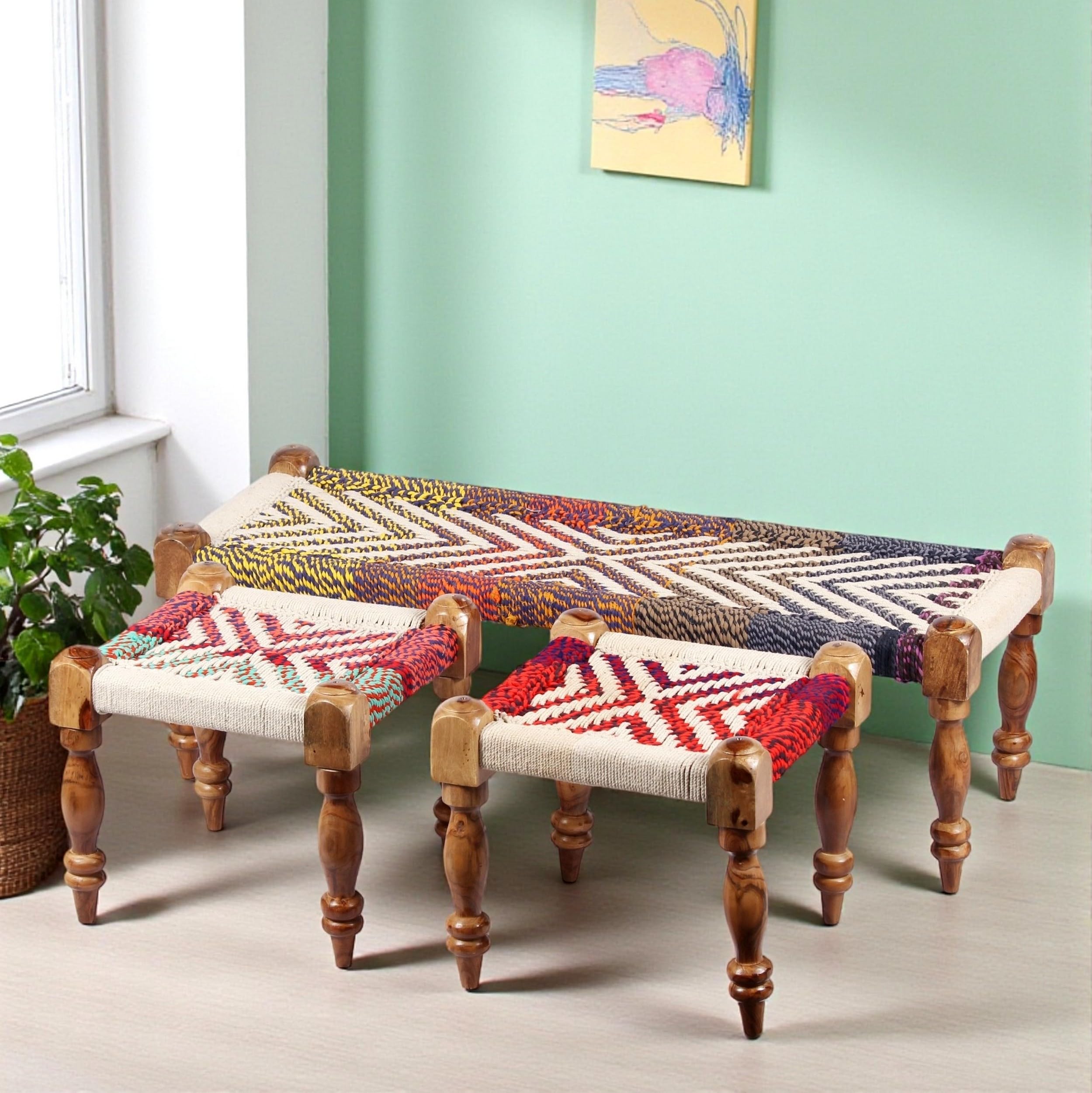 Ikiriya Hamilton Sheesham Wood 2 Seater Maachi Bench Set with 2 Stools for Living Room Home and Garden- Assorted Chindi & White Rope Canning (Teak Finish) - 17 x 48 x 16 Inch