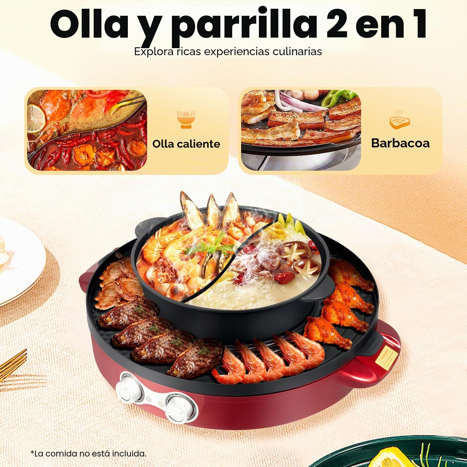 Cacerola eléctrica de 2200 W, multifunción, 2 lados, antiadherente, barbacoa de mesa, sartén dividida 2 en 1, para 2 a 8 personas, color rojo
