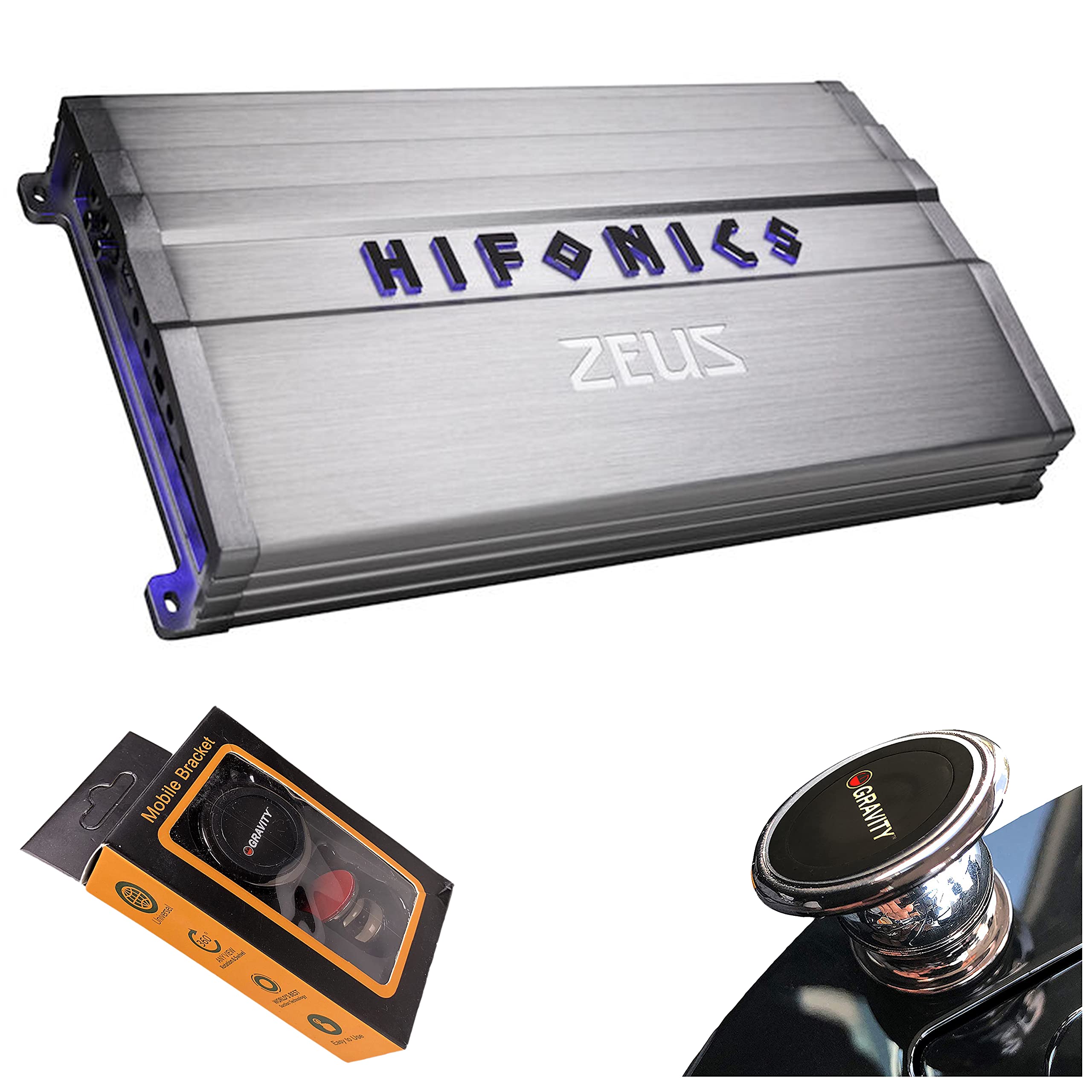 Hifonics ZG-3200.1D Zeus Gamma 1 Channel Super D Class 3200 Watt Car Audio Sound System Subwoofer Speaker Amp Amplifier with Gravity Magnet Phone Holder Bundle