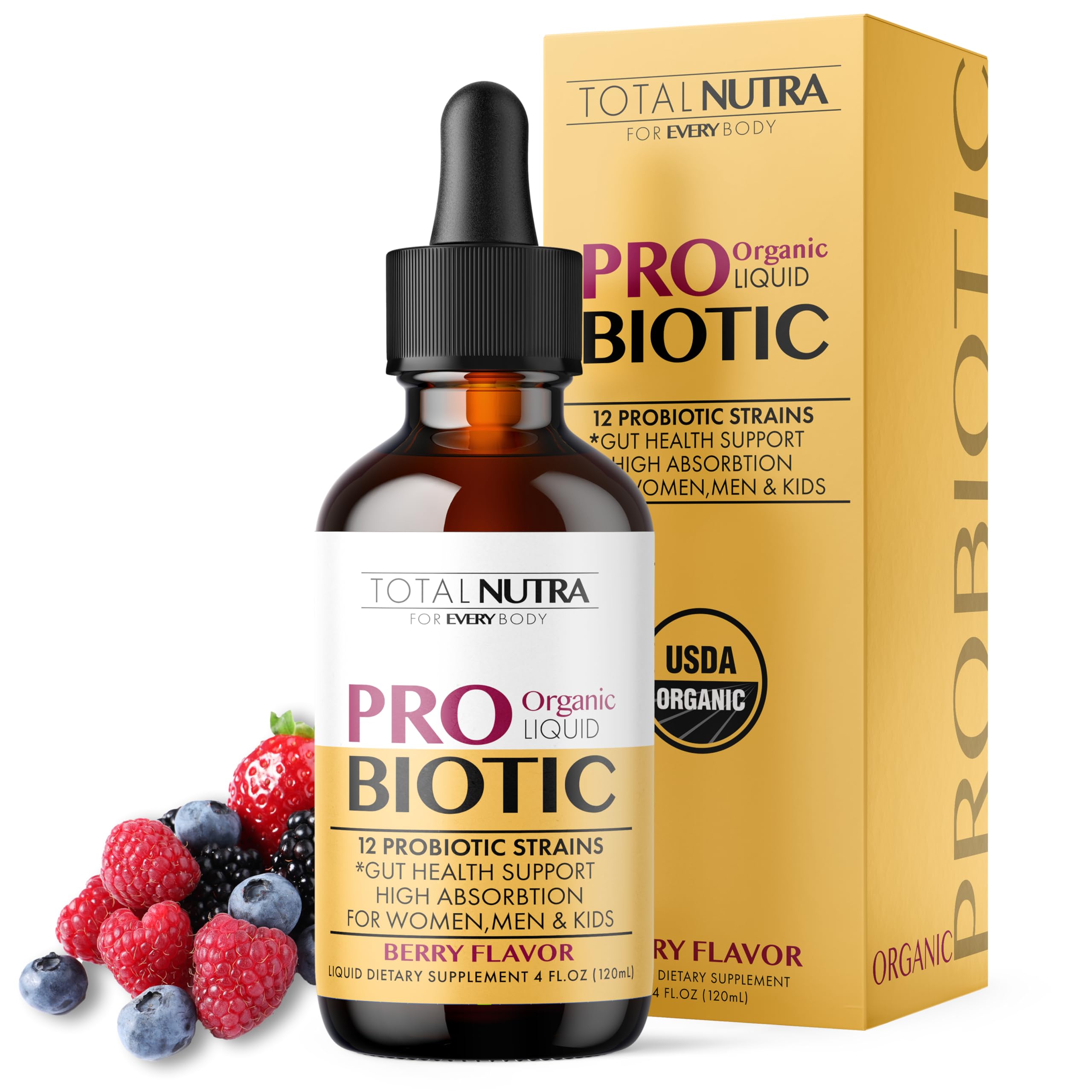 Total Nutra Probiótico líquido com acidófilos e alfafa prebiótica, sabor frutas vermelhas, 120 mL