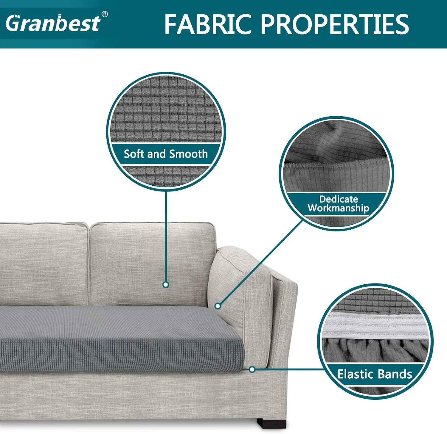 Granbest High Stretch Sofa Seat Cushion Cover Super Soft Couch Seat Cover Sofa Cushion Protector Jacquard Spandex Fabric with Elastic Bottom(3 Seater - Image 4