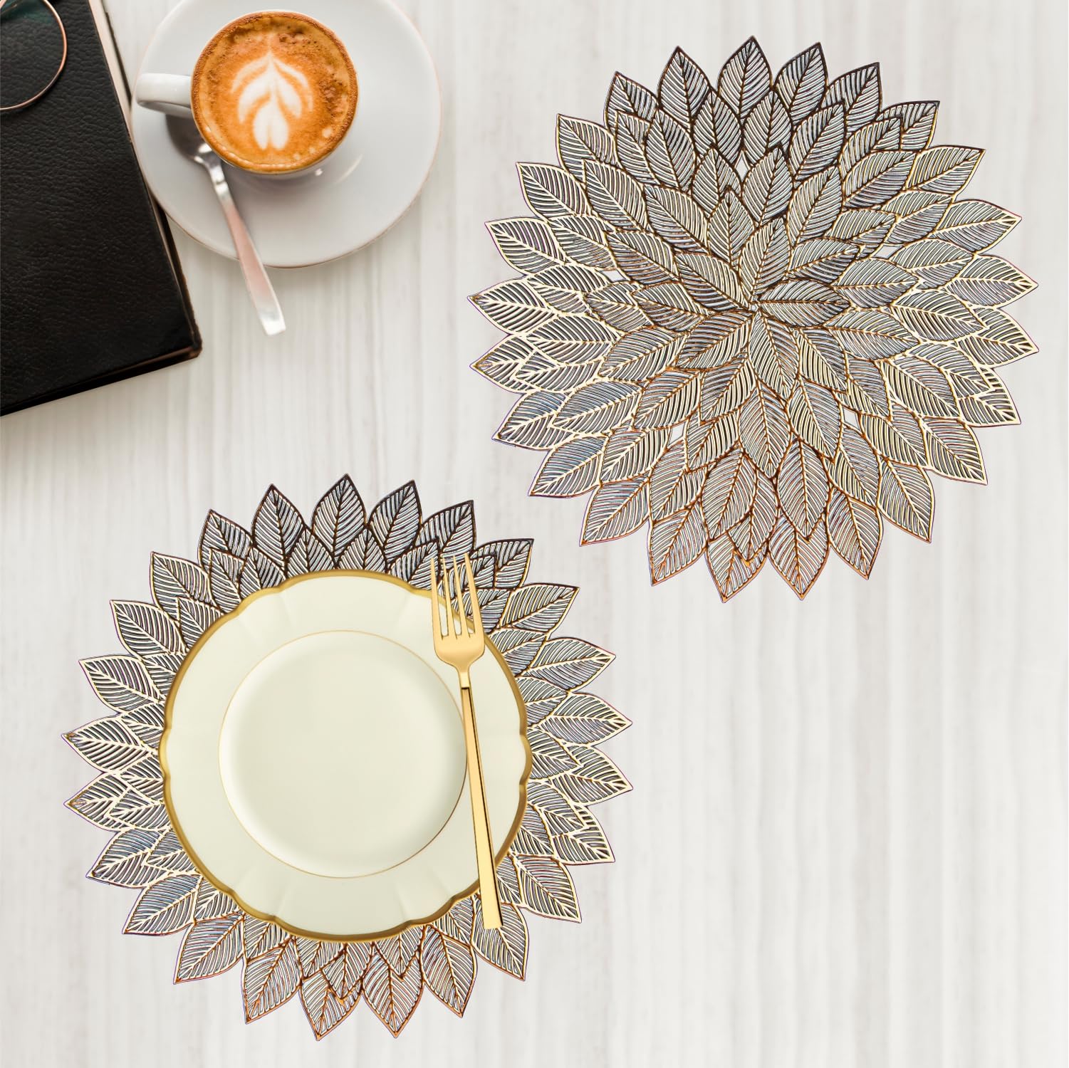 Kuber Industries leather Side Table Mats|Table Mat For Bedroom|Bed-Side Table Mat|Center Table Mat|Table Dining Mat|Table Runner Mat|Round Flower|2 Piece Set|Golden-image-1