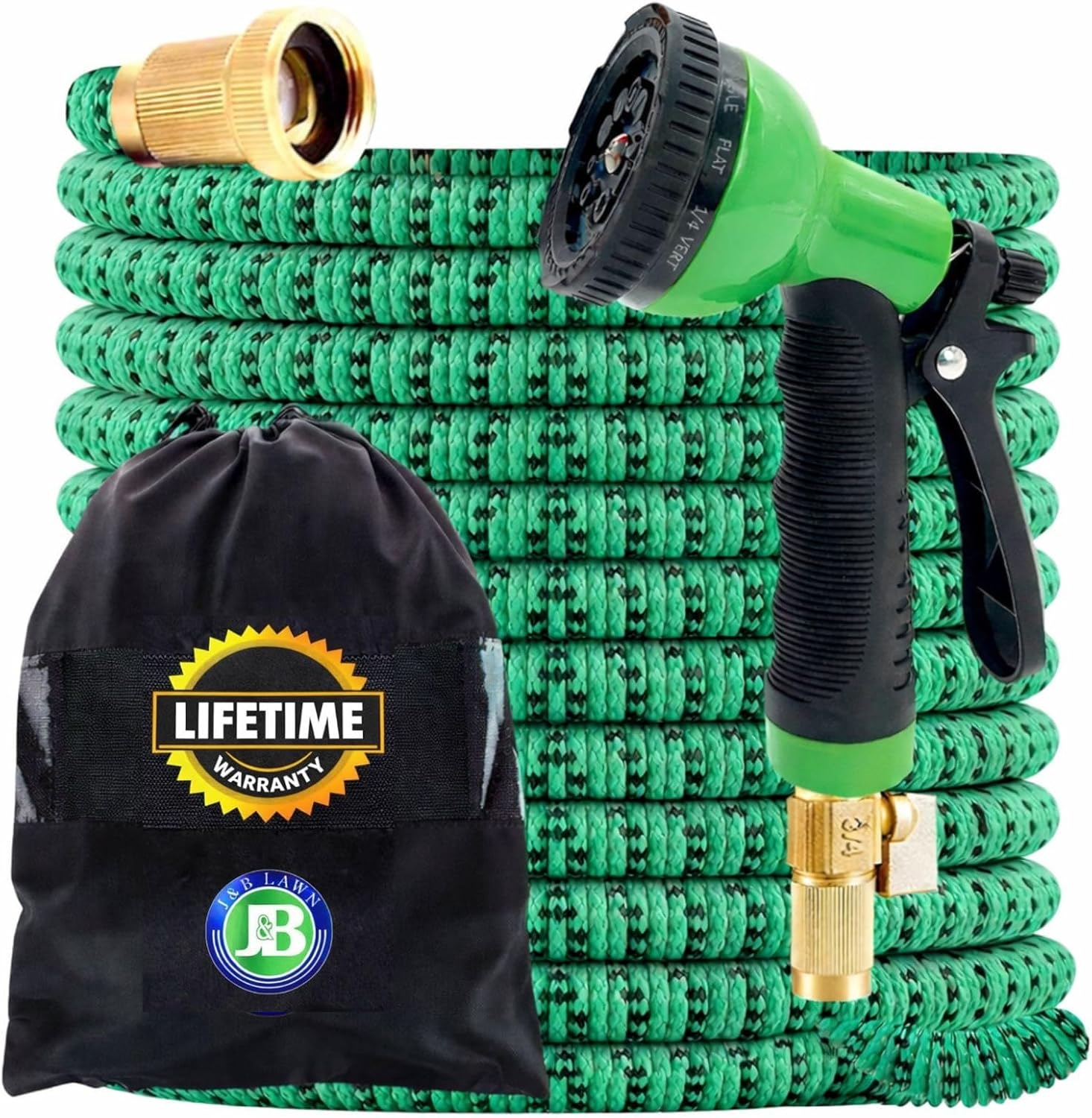 J&B XpandaHose 100ft Expandable Garden Hose – Ultra-Strong 3750D, 4-Layer Latex Core, Brass 3/4" Connectors, 10-Pattern Nozzle & Storage Bag – Lightweight, Kink-Reducing, Leak-Resistant