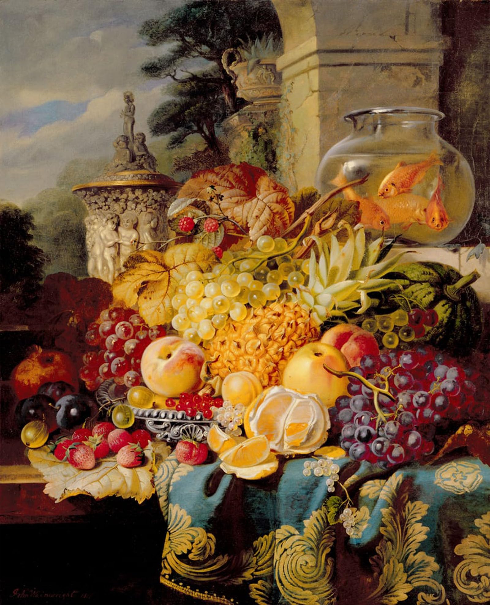 Artxlxxbn No Frame Famous Painting Canvas Artwork Graffiti Print Still Life Of Fruit On A Ledge With A Goldfish Bowl By Wainwright Portrait Canvas Image For Home Decor 60X90cm