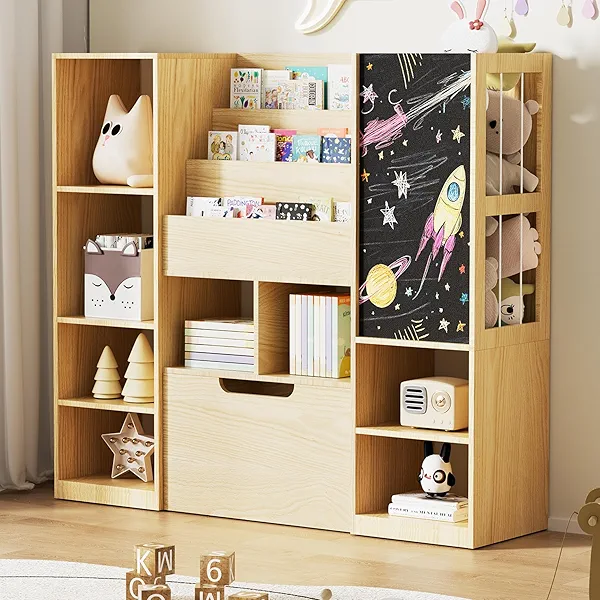 Toy Storage Organizer, Toy Organizer and Storage with Stuffed Animal Storage, Kids Bookshelf and Bookcase with Chalkboard, Toy Chest Organizer and Cabinets for Playrooms & Bedrooms, Natural Wood