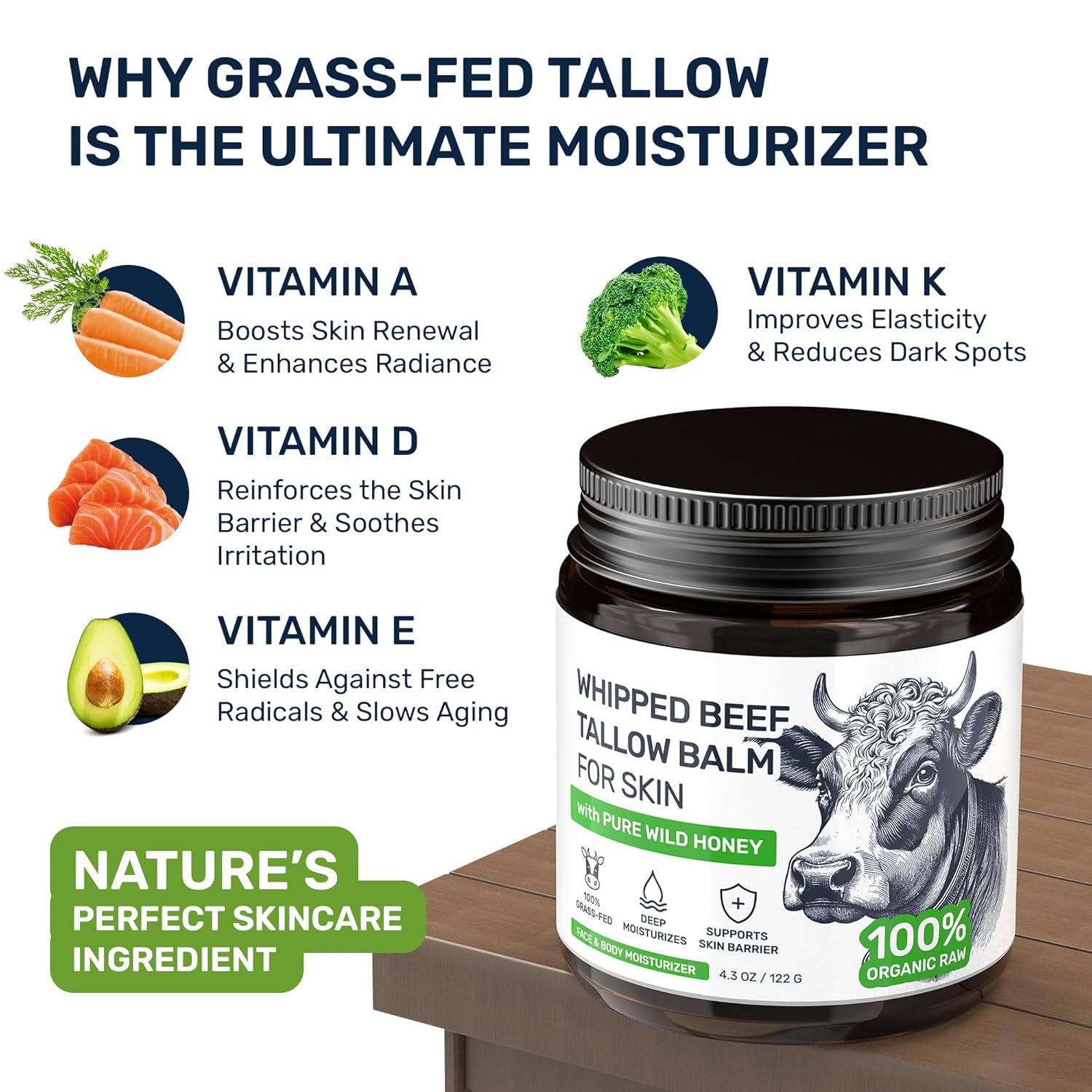 Beef Tallow for Skin – Grass Fed Face Moisturizer & Whipped Body Balm - Honey & Beeswax – Vitamin A, D, E, K Rich Cream – Fragrance Free & Non-Comedogenic Dry Sensetive Skincare - Image 4