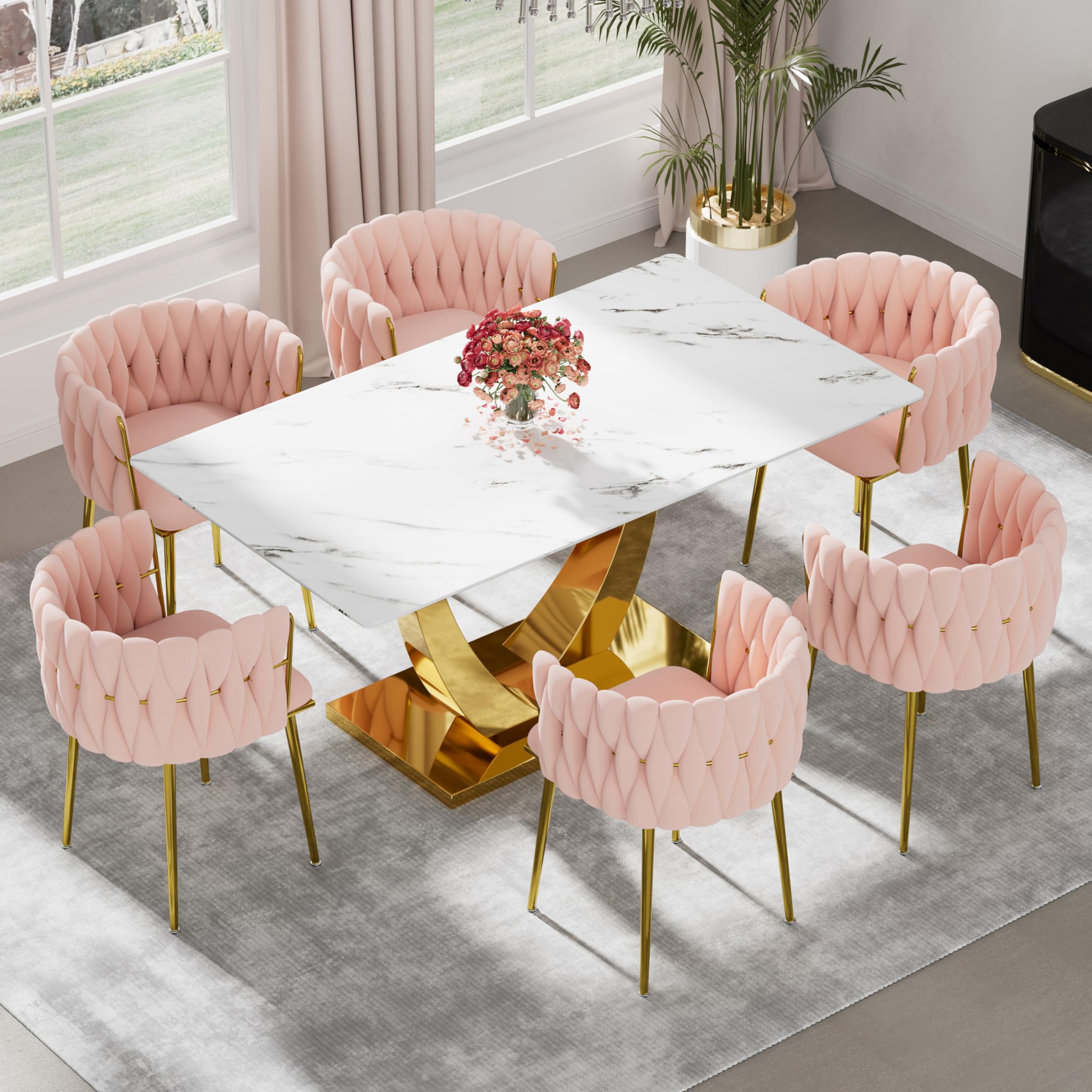 RGZ Modern Gold Luxury Dining Table Set for 6, 63'' White Faux Marble Glass Kitchen Table Set, 7 Pcs Minimalist Rectangular Dinner Room Set with Pink
