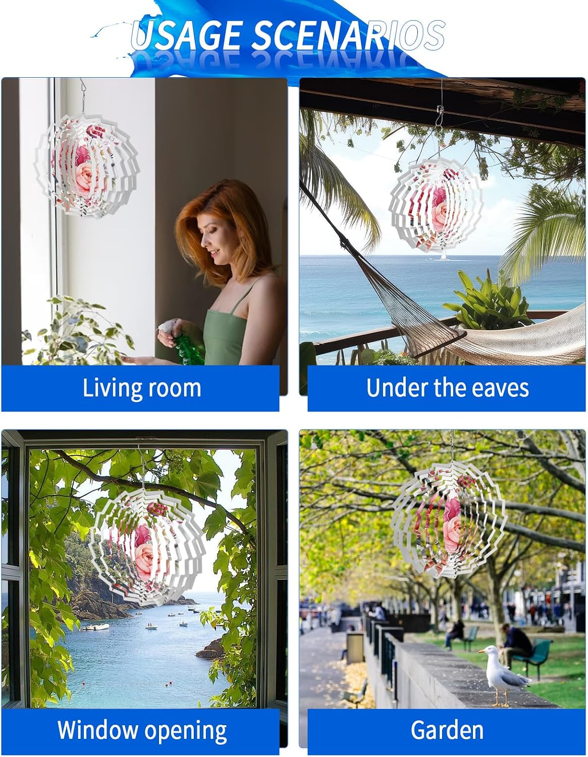 Red Pink Flowers Wind Spinner 3D Stainless Steel, 12 in Sun Shape Double Sided Hanging Wind Spinners, Botanical Floral Buds Leaves Garden Art Wind Sculpture for Yard Porch Front Door