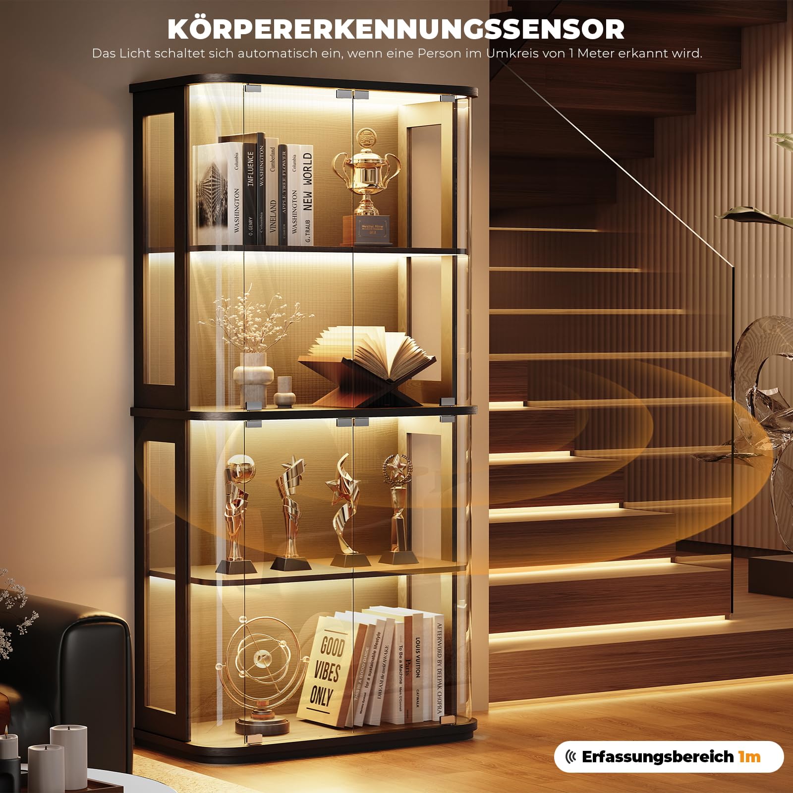 BROTTAR Rundvitrine mit Glastür, 4-stöckige Vitrine mit transparenter, Durchgehender Ausstellungsfläche für Sammlerstücke, Glasvitrine mit 3-Farbiger Beleuchtung, Bewegungssensor, schwarz