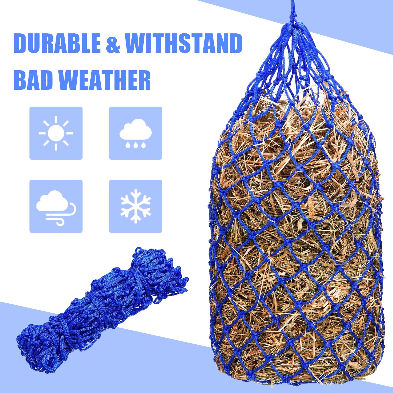 JDRGJTH 4 Pcs Slow Feed Hay Net 40 Inch Hay Nets for Horses Hanging Hay Feeder for Goats 2x2 in Round Mesh Holes Horse Hay Bag Horse Feeding Supplies for Trailer and Stall,Simulates Grazing (Blue)