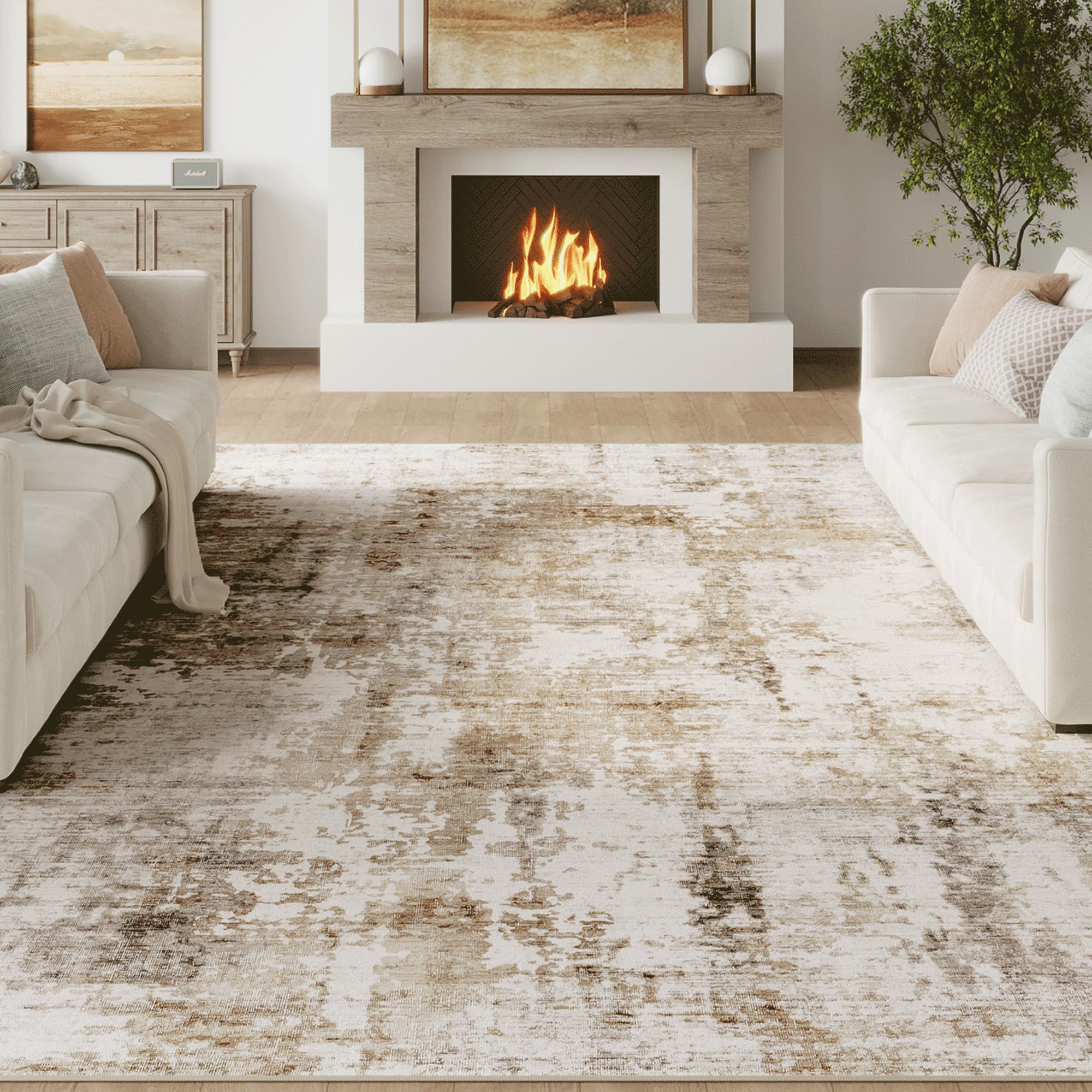 Fmfunctex 9x12 Washable Abstract Area Rug Brown Grey Neutral Modern Large Non Slip Carpet for Living Room Bedroom Soft Low Pile Indoor Mat Accent