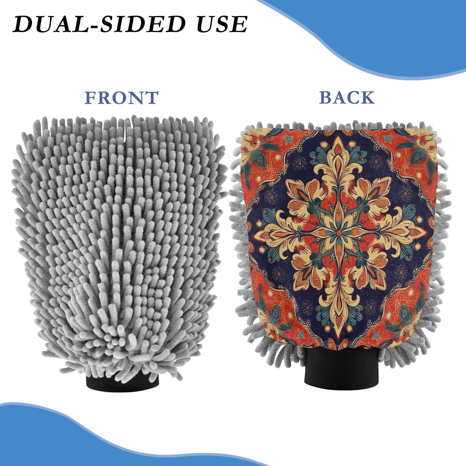 Flradish 2 Pack Boho Pattern Car Wash Mitt Chenille Microfiber Lint-Free Scratch Free Ultra-Soft Absorbent Car Wash Mitt 10.2x7.09 Inch