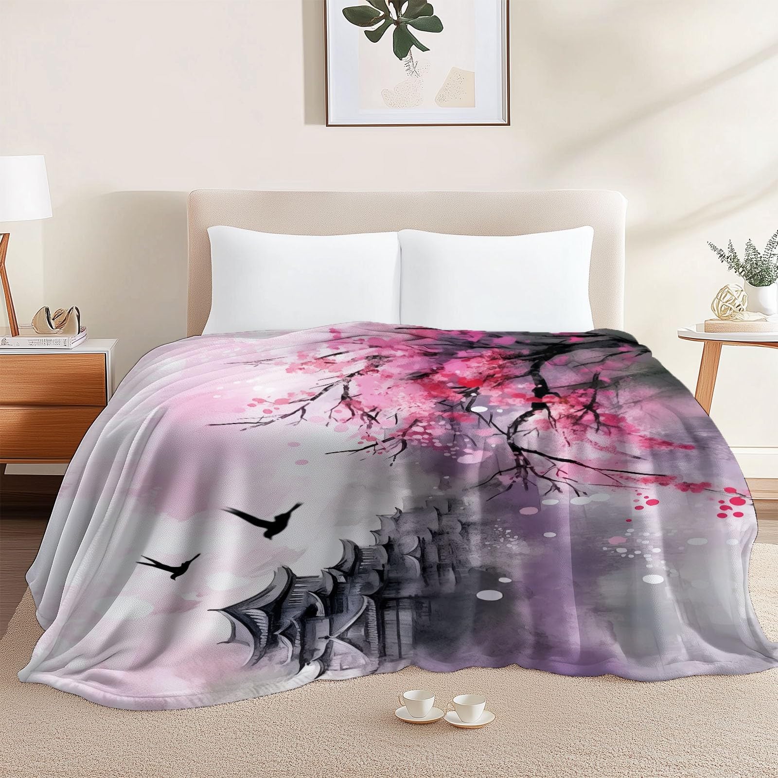 Koc polarowy 200 x 220 cm chiński obraz tuszem kwiaty śliwki różowy koc flanelowy dla 2 osób, nadruki, miękkie i ciepłe na sofę łóżko