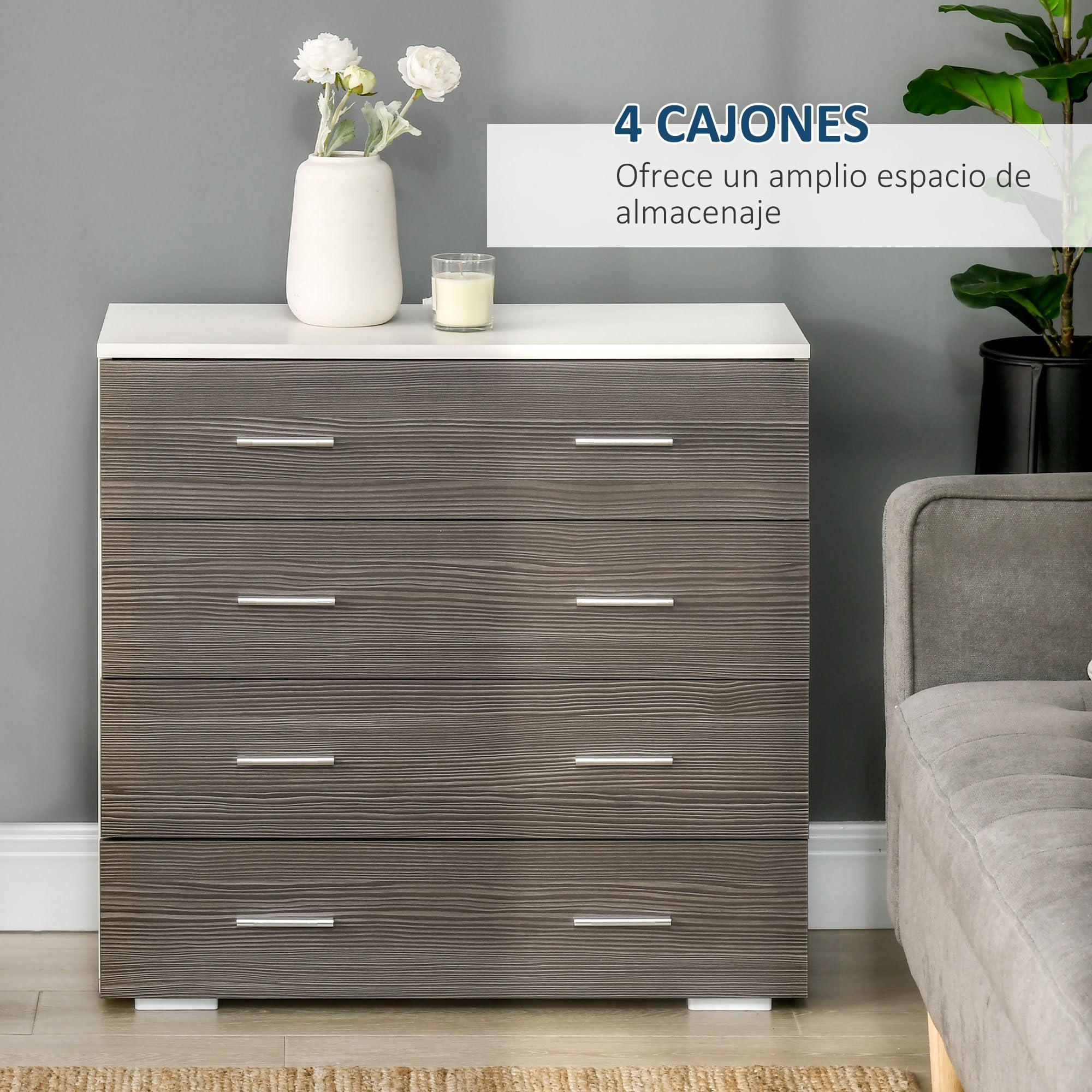HOMCOM Cómoda 4 Cajones, Cómoda Dormitorio, Cajonera para Salón, Oficina, Pasillo, Estilo Moderno, 76x35x72 cm, Gris Veteado y Blanco
