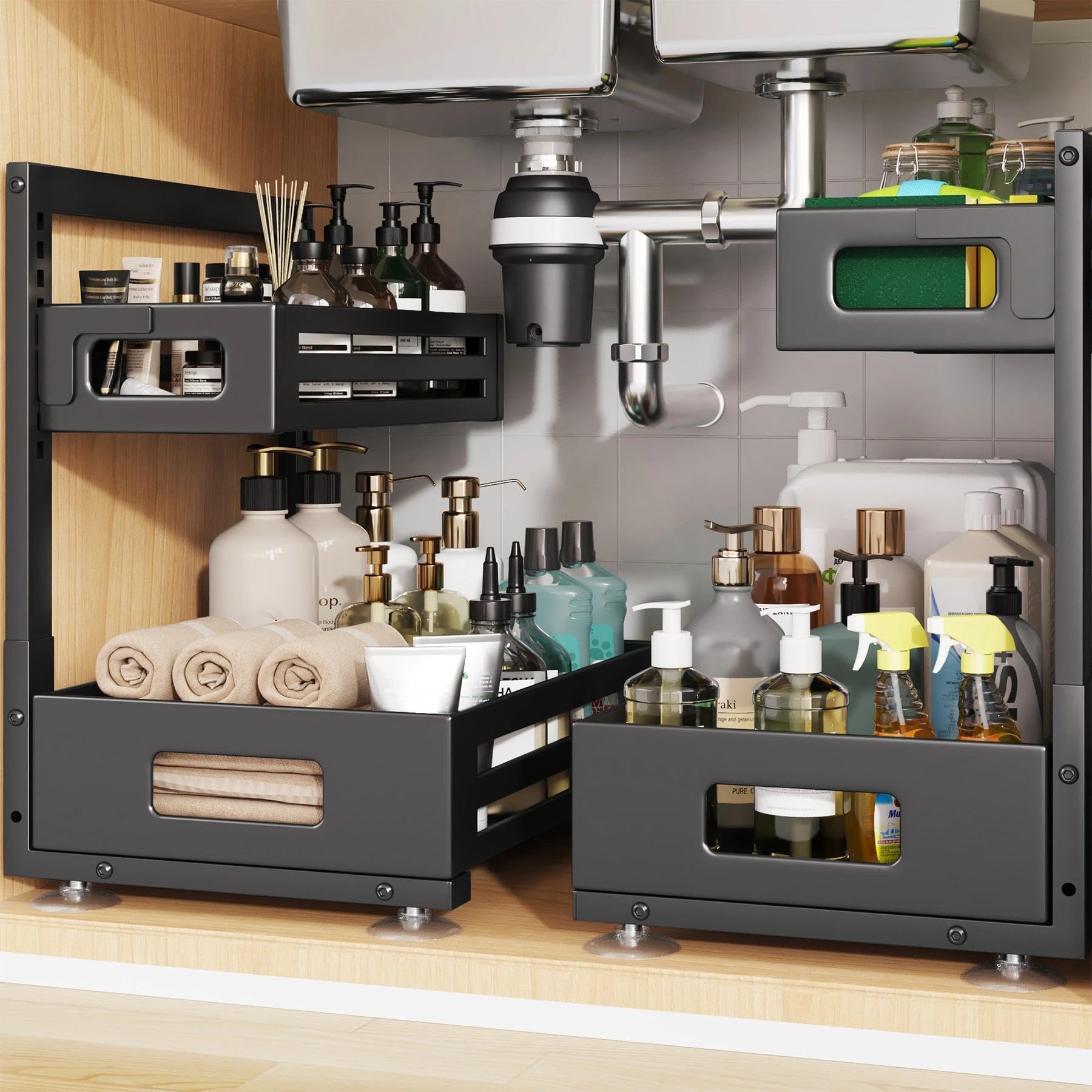 2 Pack Under Sink Organizer,Pull Out Cabinet Organizer with Smooth Cylindrical Rail,Metal Slide Out Drawer for Kitchen Bathroom Laundry Cabinet,8-Level Tool Free Height Adjustable-Black