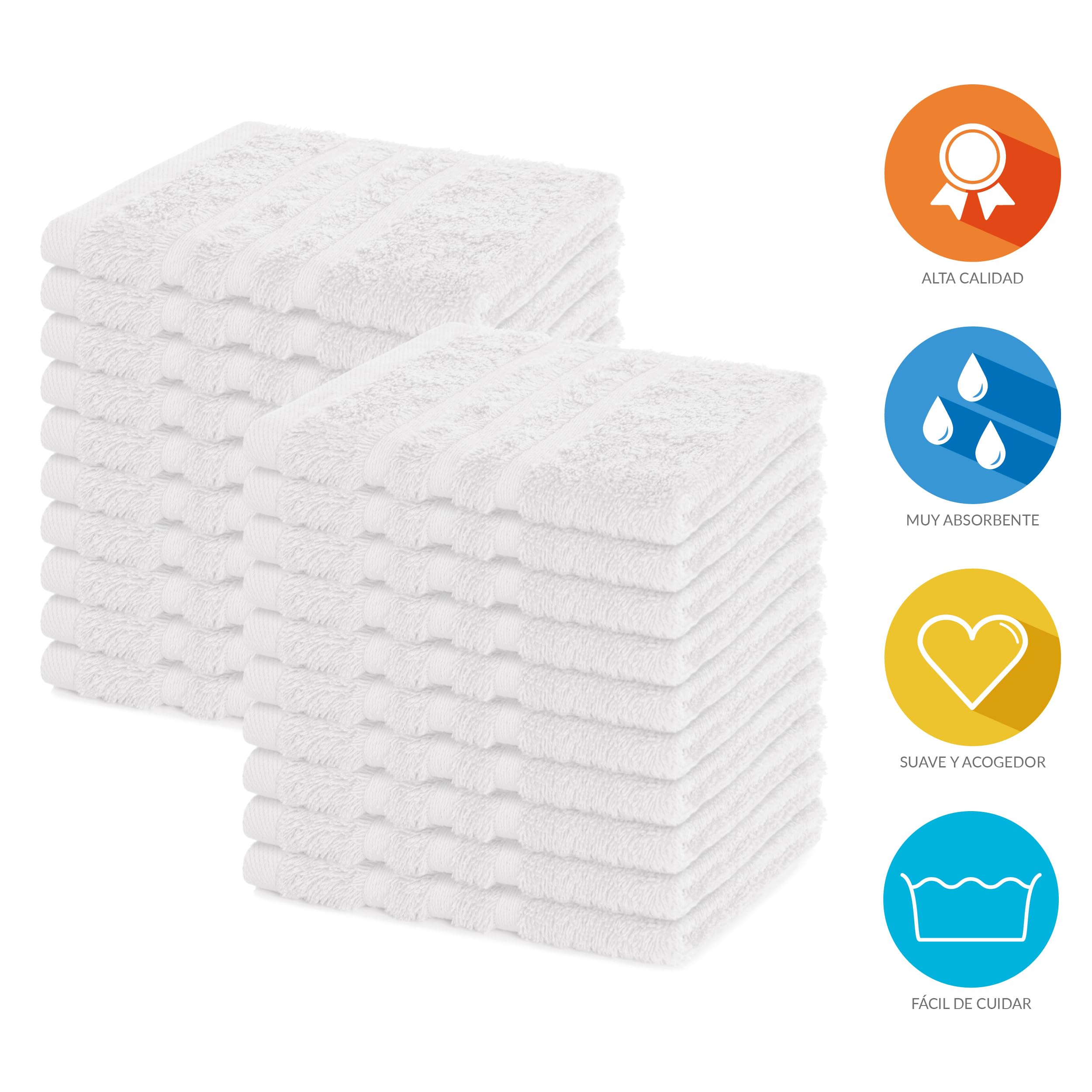 Lavea® Juego de 20 Toallas de Lavabo 30x30 cm de Rizo 200% Algodón - Suaves y Absorbentes – Toallas para lavarse la Cara – Ideales para Casa, Hotel y SPA – Blanco