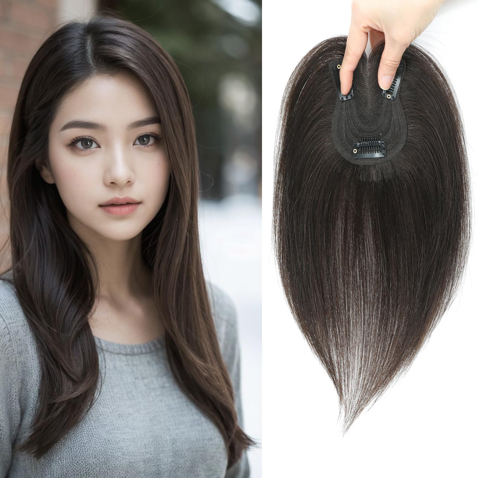 Hair Toppers for Women Fluffy Human Hair Topper 10inch Handmade Swiss Base Hairpieces 360° Cover Hairloss and Grey Hair (Dark Brown)