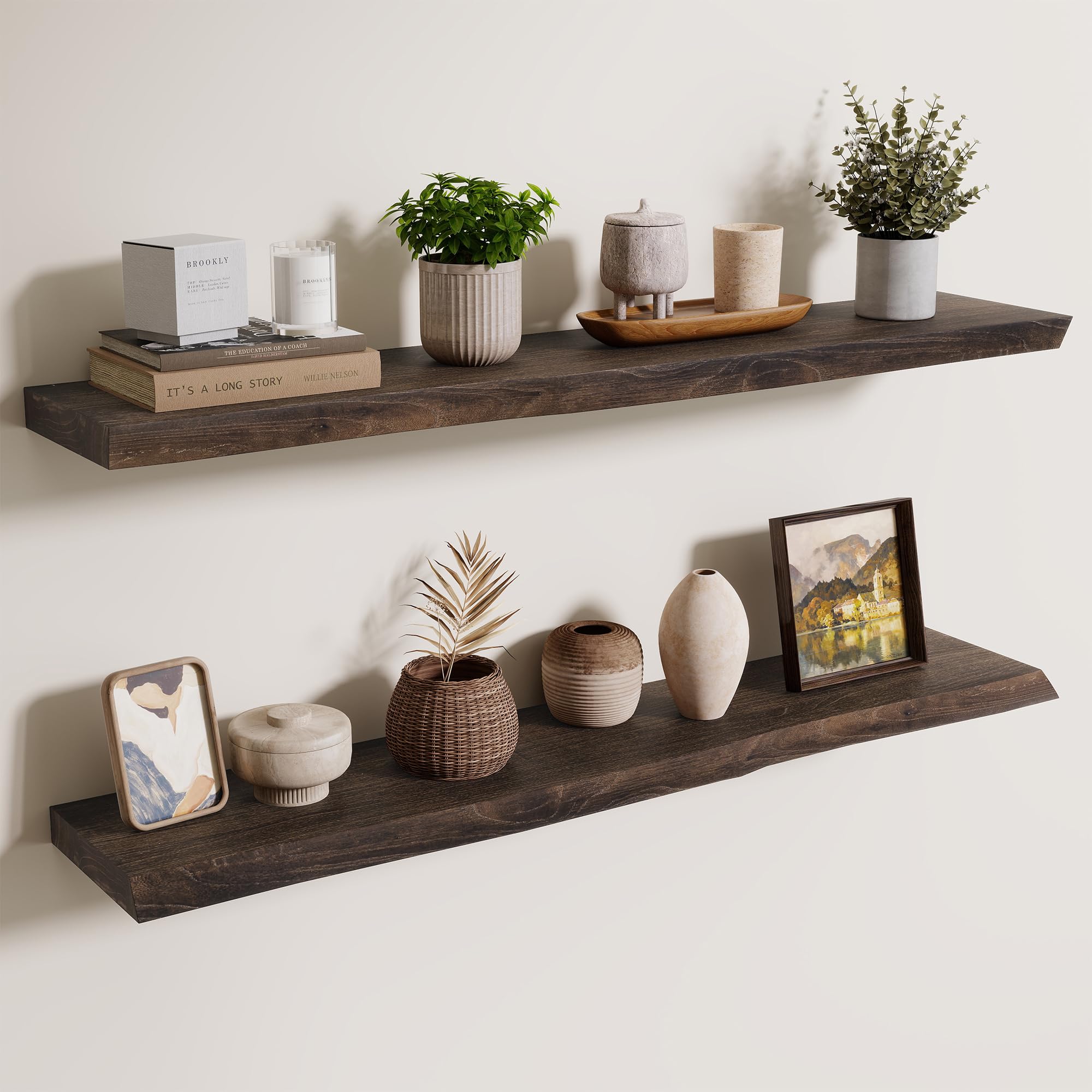 100cm Floating Shelves for Wall - 20cm Depth Live Edge Rustic Elm Wood Floating Shelves Wall Mounted, Wall Shelves with Invisible Bracket for Living Room Bedroom Kitchen, 100x20x3.5(Walnut, 2PCs)