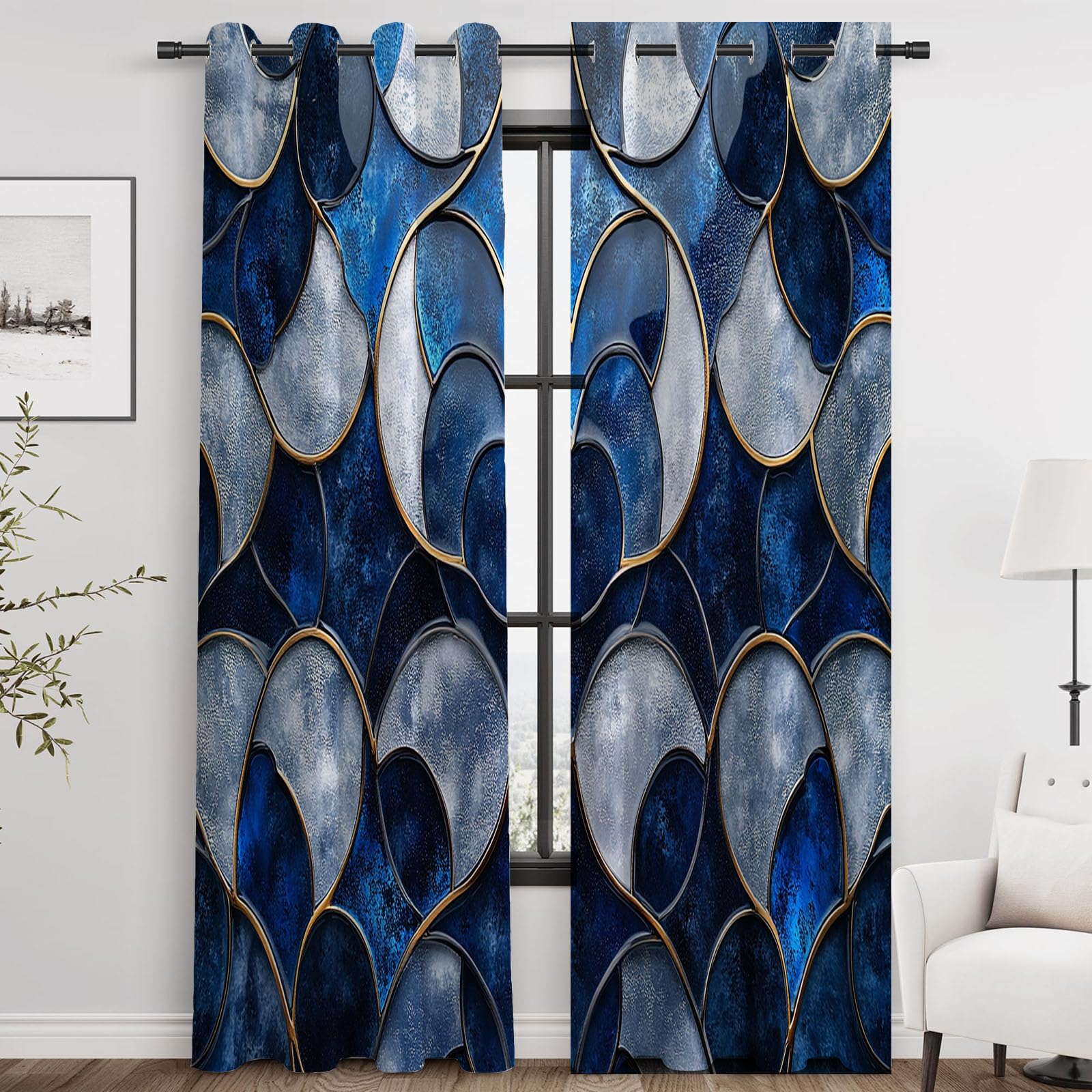 Vorhänge Blickdichte Retro - Blaues Buntglas mit Goldlinien Raumverdunklung, Vorhänge für Wohnzimmer und Schlafzimmer-H180 x B140 cm (2er Pack)