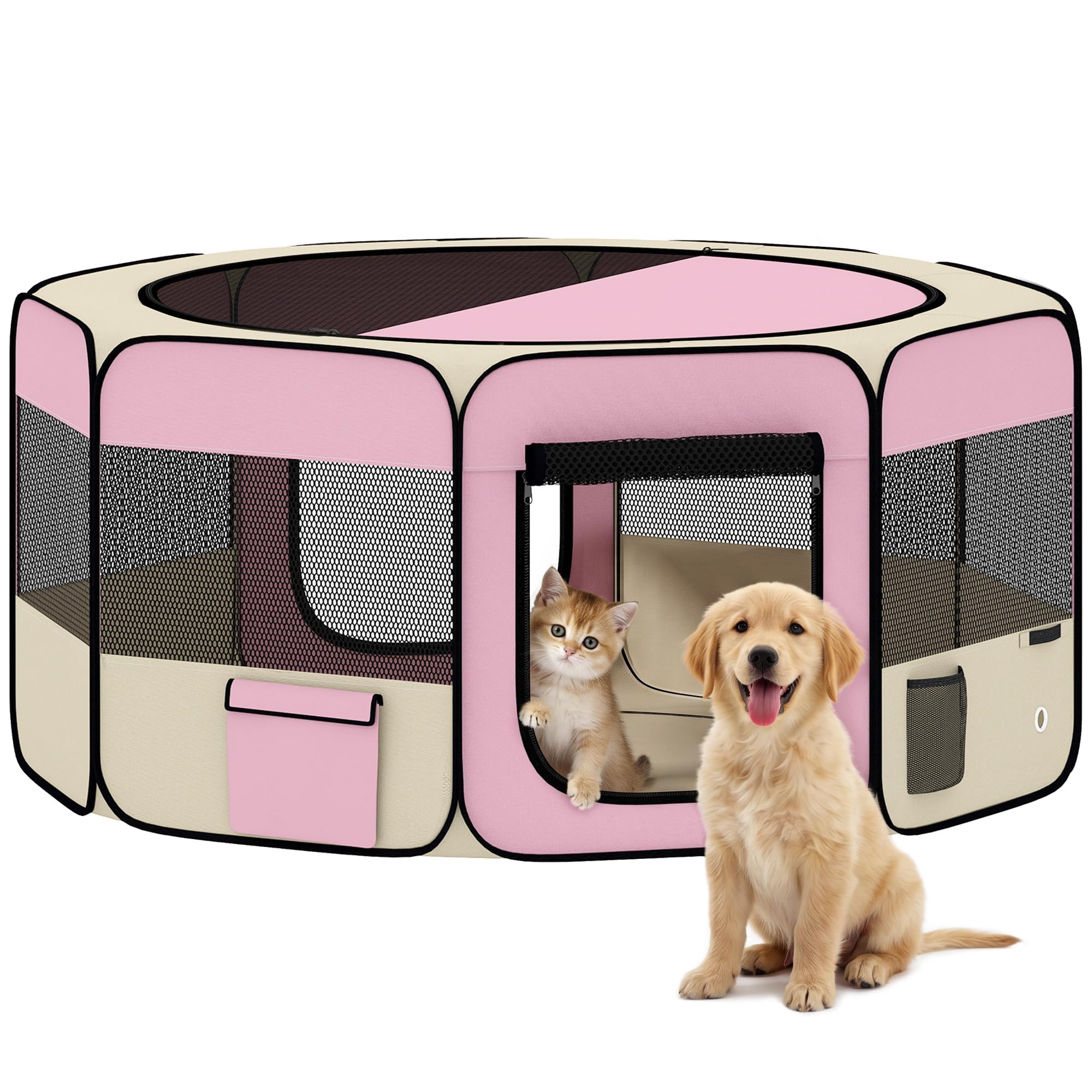 PawHut Folding Playpen for Dogs and Cats, Portable Playpen for Small Animals Waterproof Oxford Fabric with 2 Doors, for Outdoor and Indoor, Ø90 x 41 cm, Pink