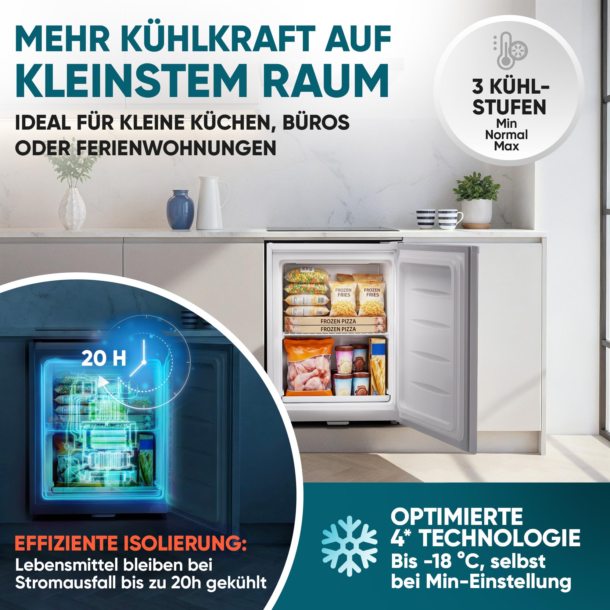 Stillstern Mini Gefrierschrank klein & leise 31L, Tiefkühltruhe mini Freezer -18°C mit Eiswürfelschale & Schloss, Türanschlag r./l., 4-Sterne Tiefkühlschrank klein Gefrierschränke Camping/Büro Weiß