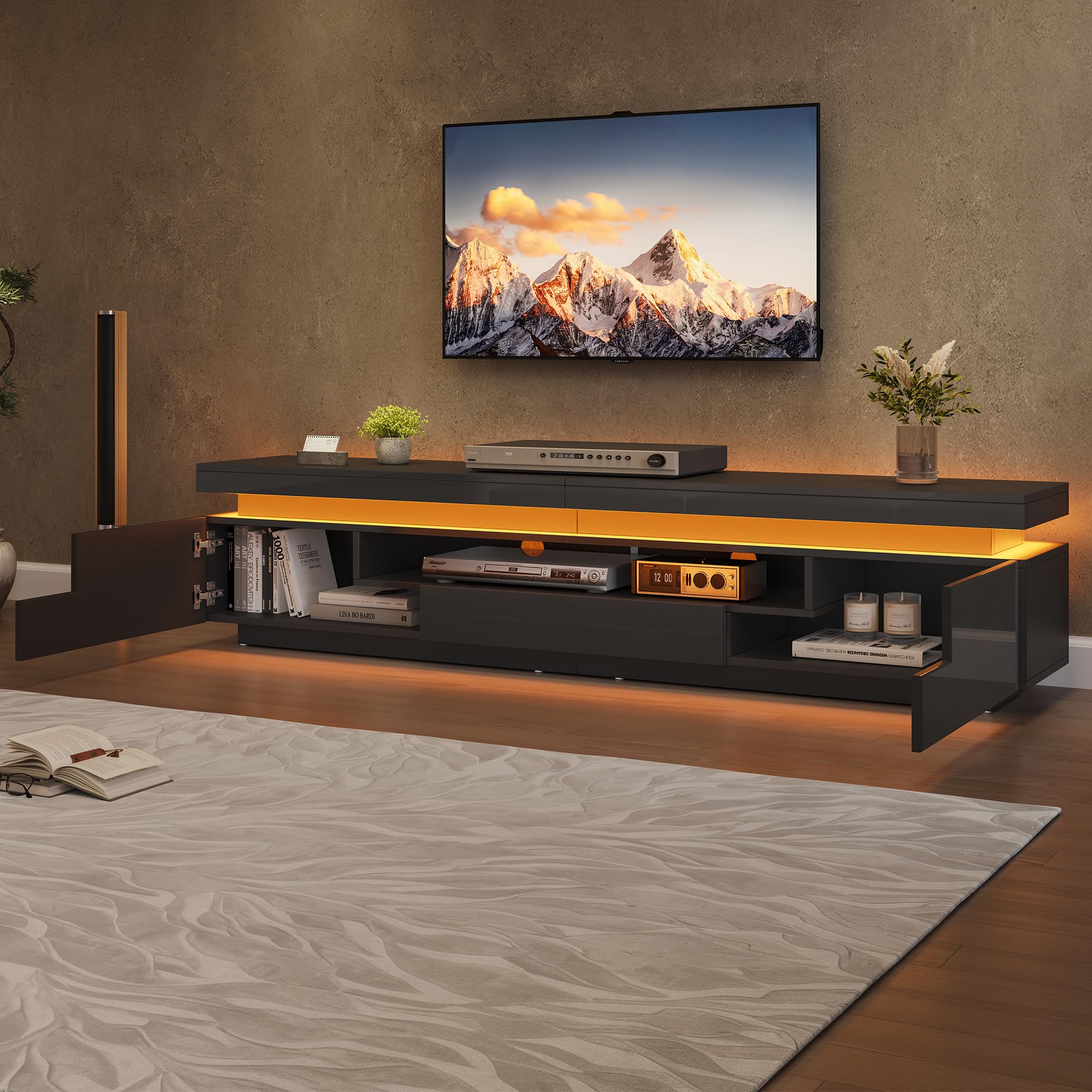 TV Schrank Lowboard mit LED 175 cm (Schwarz)