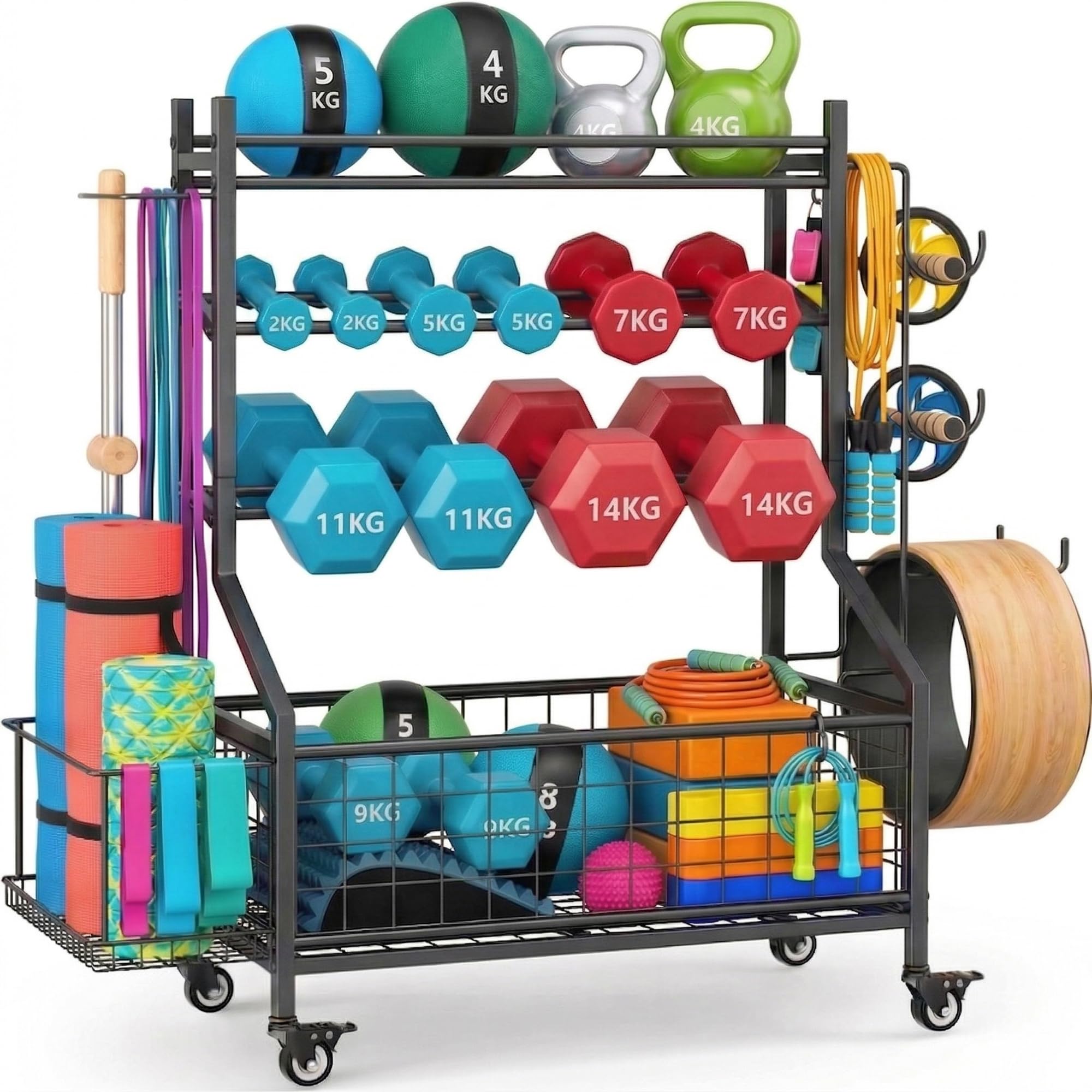 Hantelständer & Gewichtsablage für Home Gym, All-in-One Fitness Aufbewahrung mit Rollen & Haken für Kurzhanteln, Kettlebells, Yogamatten, Verstellbares Hantelregal aus Stahl