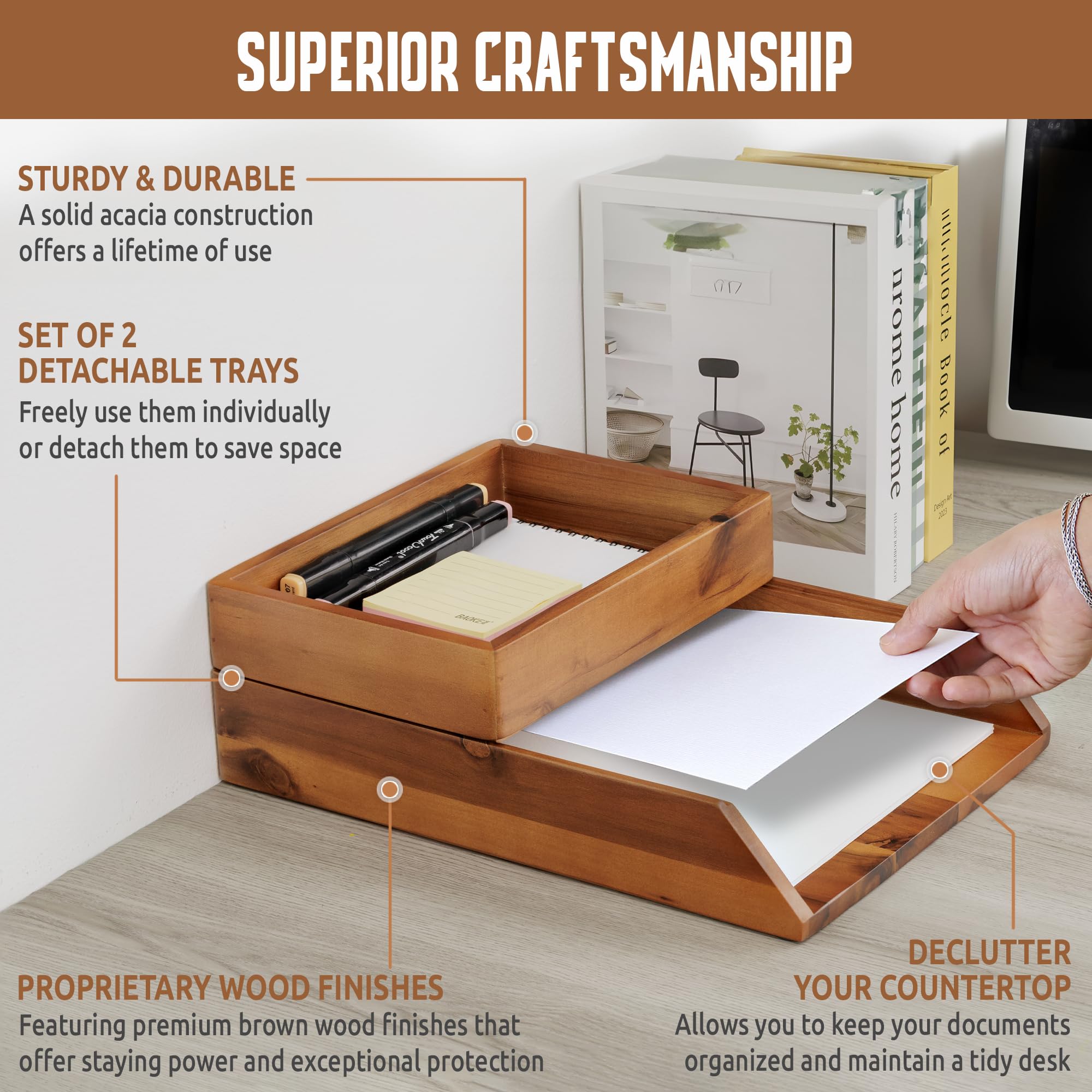 Akazien-Büro-Schubladen-Organizer, 2er-Set, Papier-Briefablage, Aufbewahrungsmappen, Notizbücher, Kopierpapier, Druckpapier, Holz, Schreibtisch, rechteckig, Arbeitsplatzhalter, Schreibwaren-Saver