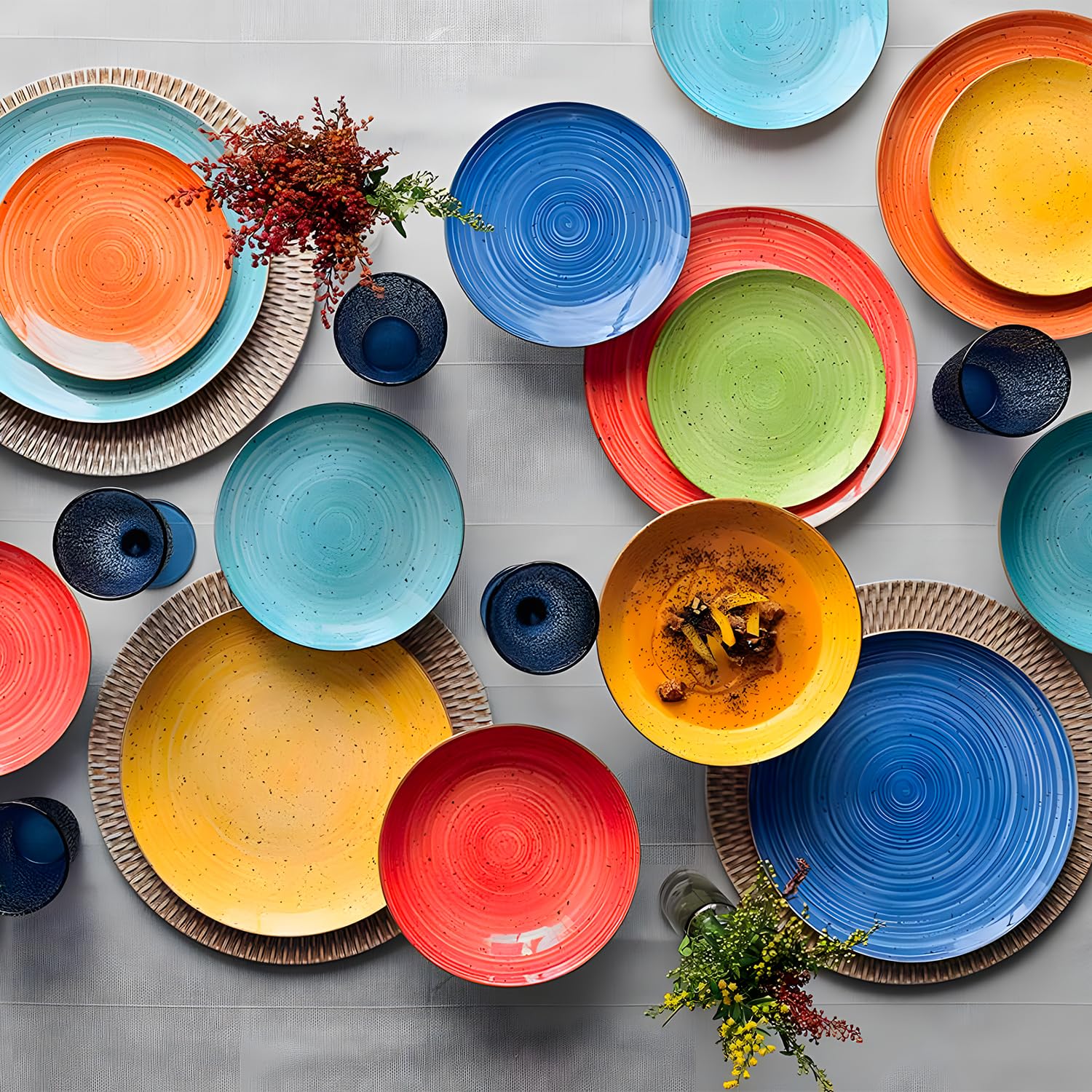 Wintem Servizi di Piatti 18 Pezzi in Porcellana Multicolore - Set Composto da Piatti Piani, Fondi e da Dessert Ideali per Ogni Occasione - Moderni e Resistenti Sono Lavabili in Lavastoviglie
