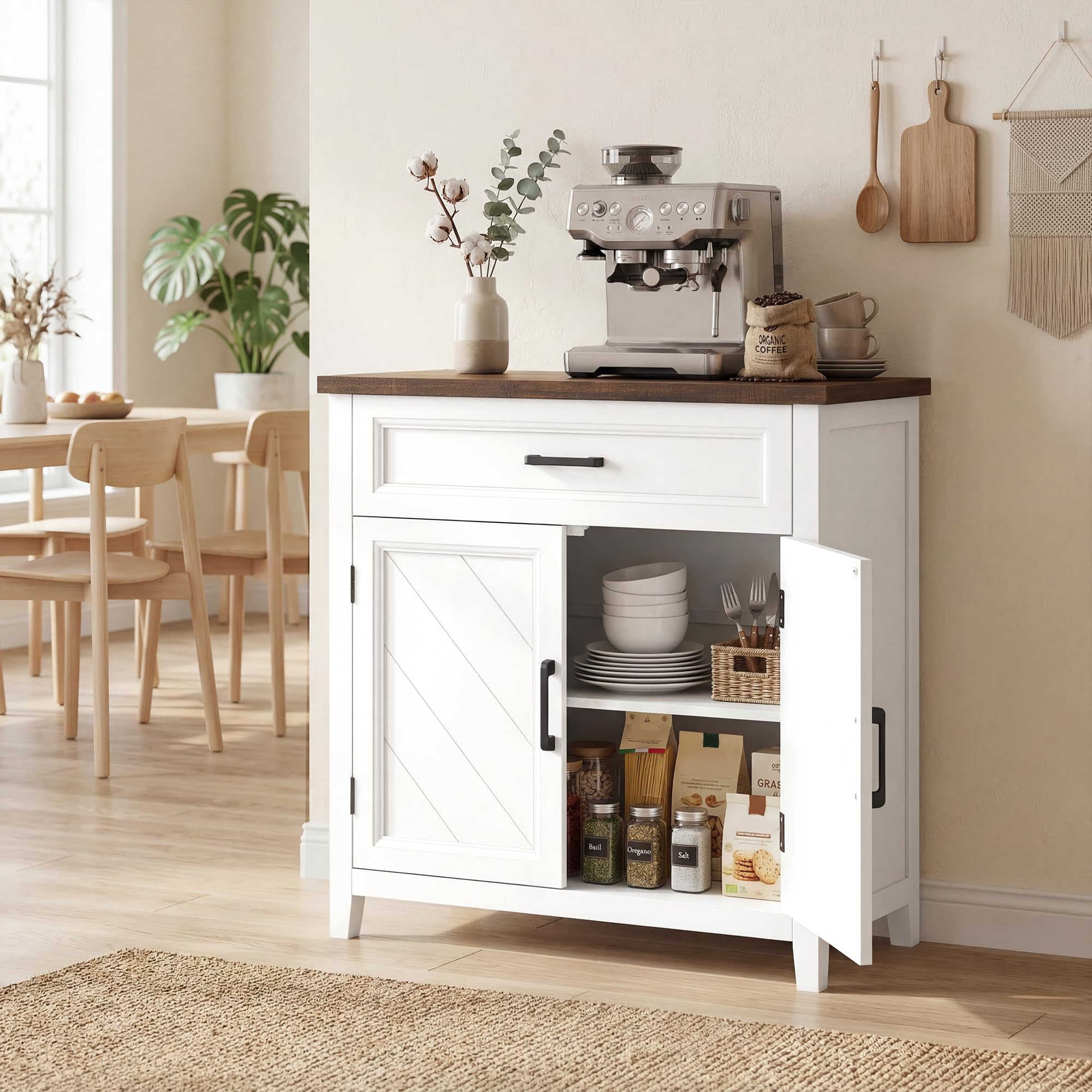 HOMCOM Credenza Cucina, Mobile Cucina con 2 Ante, Ripiano Regolabile e Cassetto, Piano Effetto Legno, Stile Rustico, Credenza Buffet per Soggiorno, Salotto, Sala da Pranzo, 76x35x80 cm, Bianco