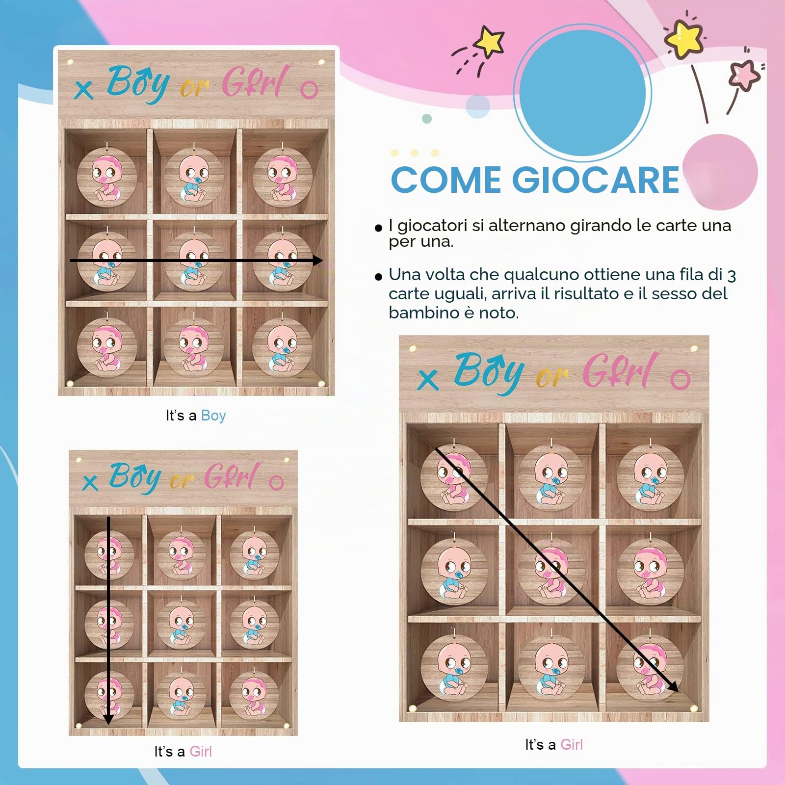 BLOOMWIN Gender Reveal Tic Tac Toe - Tris Gioco Gender Reveal - Giochi Gender Reveal Party X e O- Bambino Genere Rivelare Festa Forniture Kit - Baby Shower Boy or Girl Kit