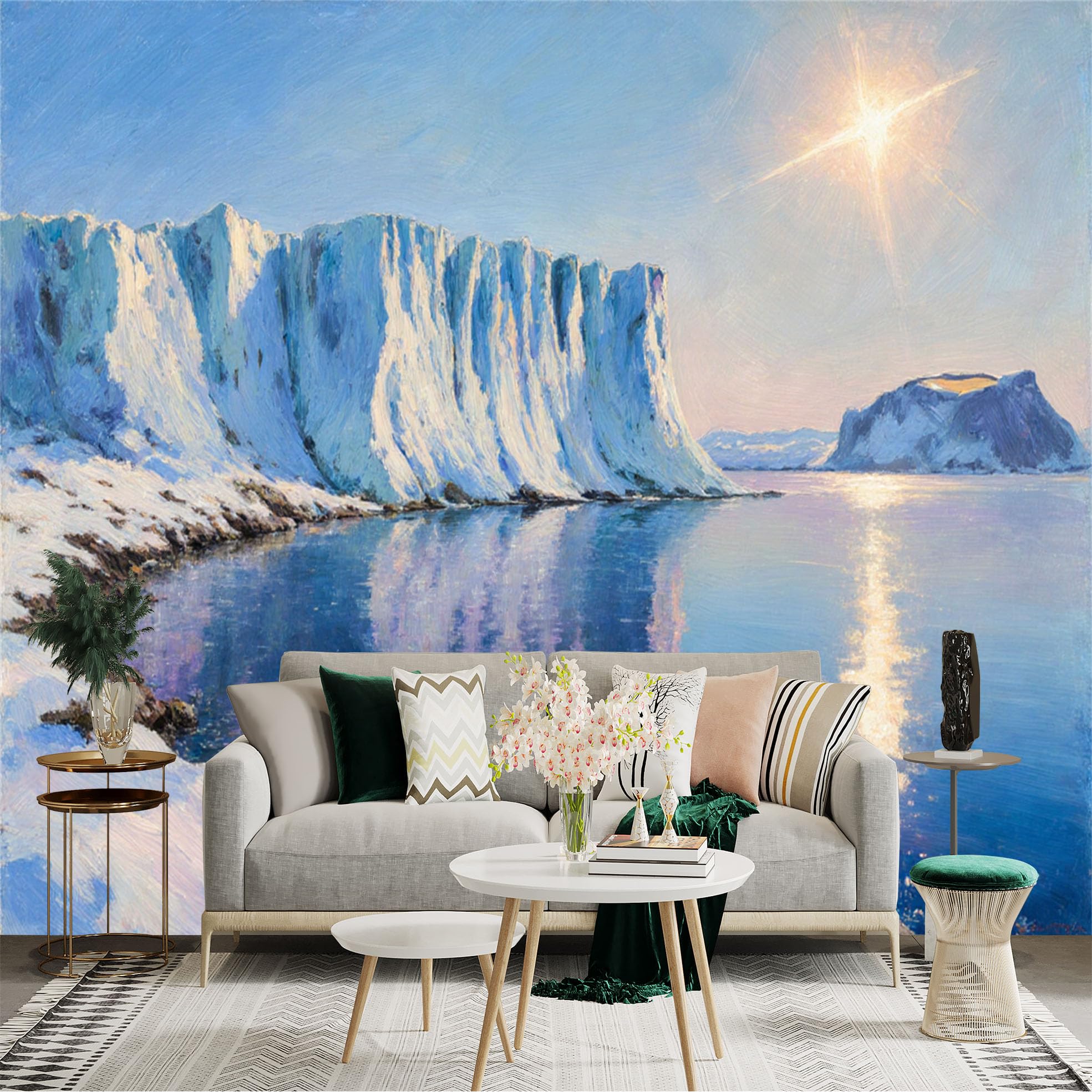 Custom Size Wall Sticker Mural， Arctic Glacier Landscape， Snow Covered Iceberg， Frozen Polar Sea， Sunny Winter Horizon， for wall Decoration， peelandstick wall Decals.