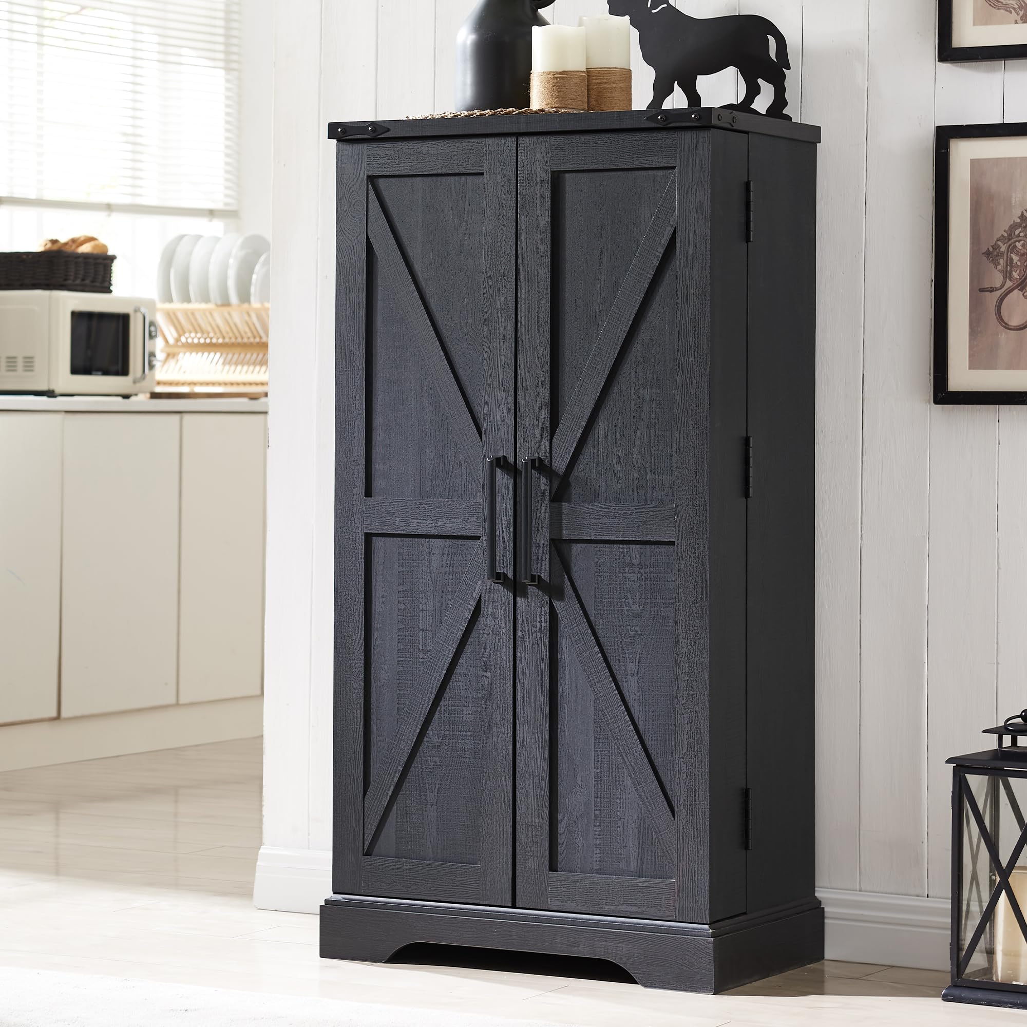 47" Kitchen Pantry, Farmhouse Storage Cabinet with Barn Doors, Organizer and Adjustable Shelves, Rustic Wood Cupboard for Kitchen, Dining Room, Bathroom and Hallway, Black