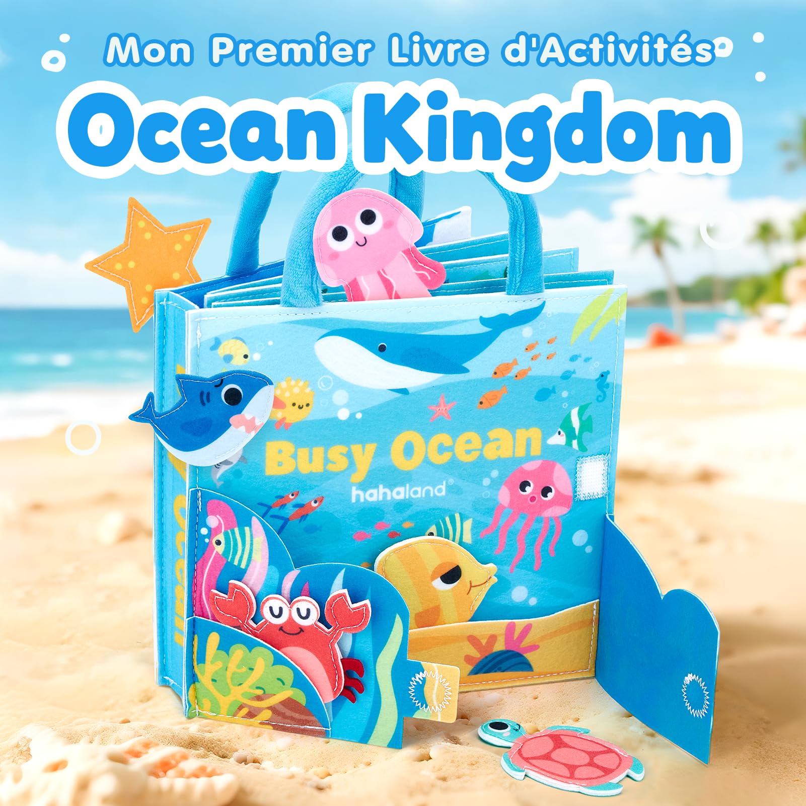 hahaland Jouet Bebe 1 an Busy Board Montessori - 15 en 1 Tableau d'Éveil Animaux Marins - Jeux Motricité Fine Enfant 12 Mois - Livre Feutre Portable Voyage - Cadeau Éducatif Bébé 1 2 3 Ans