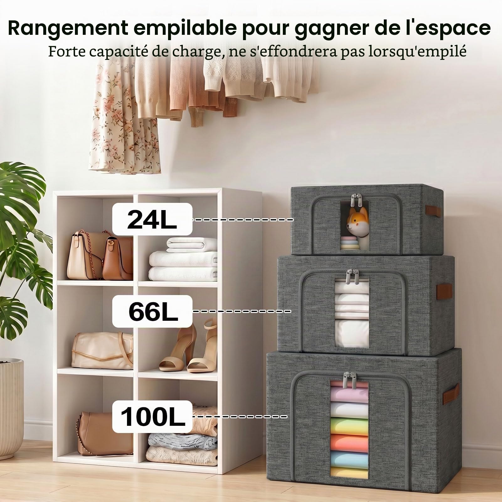 Boite Rangement Vetement Pliable: Sac de Empilables avec Cadres Métal pour le Organisateur des Vêtements des Draps dans les Placard (Gris, 3x24L)