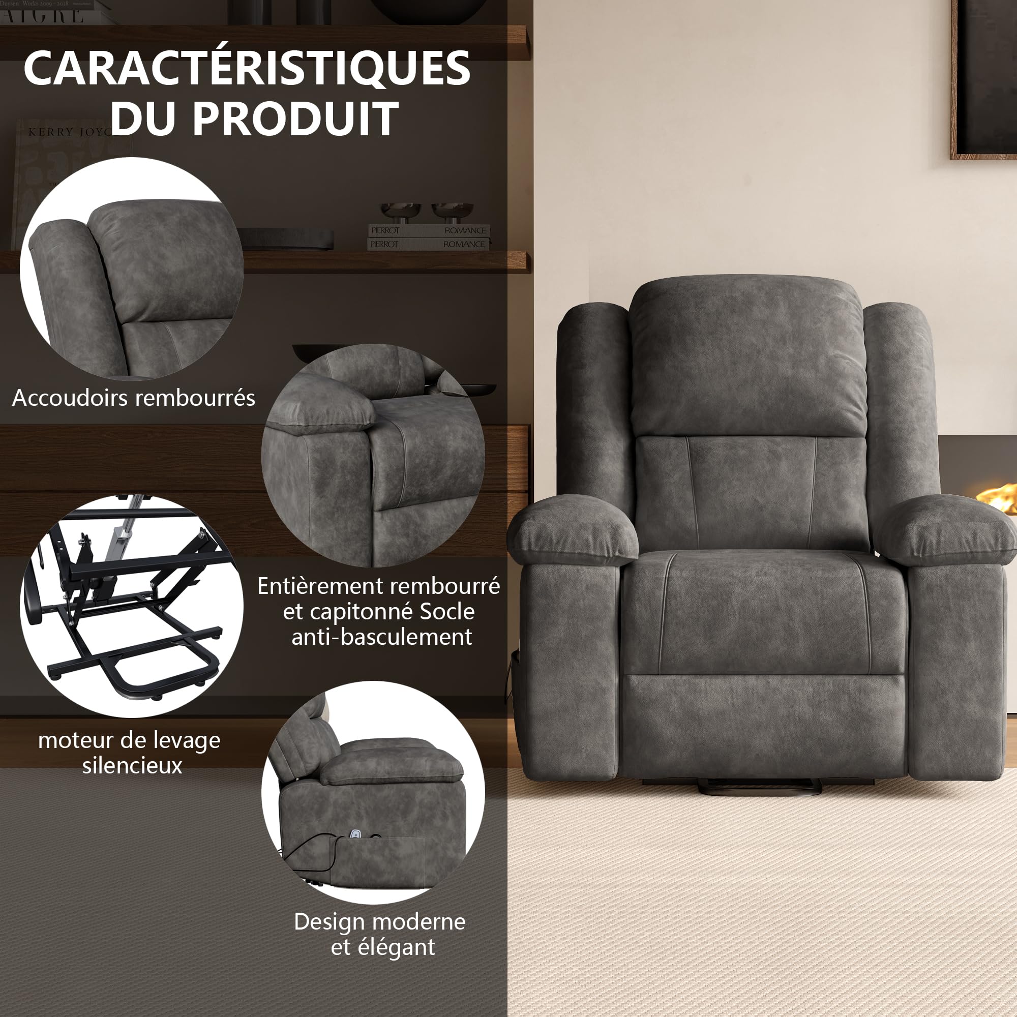 Silla de Masaje eléctrica, sillón Relax con 8 Zonas de Masaje potentes y 2 Puntos de Calor, Silla eléctrica con función reclinable y Bolsillos Laterales (Gris, A)