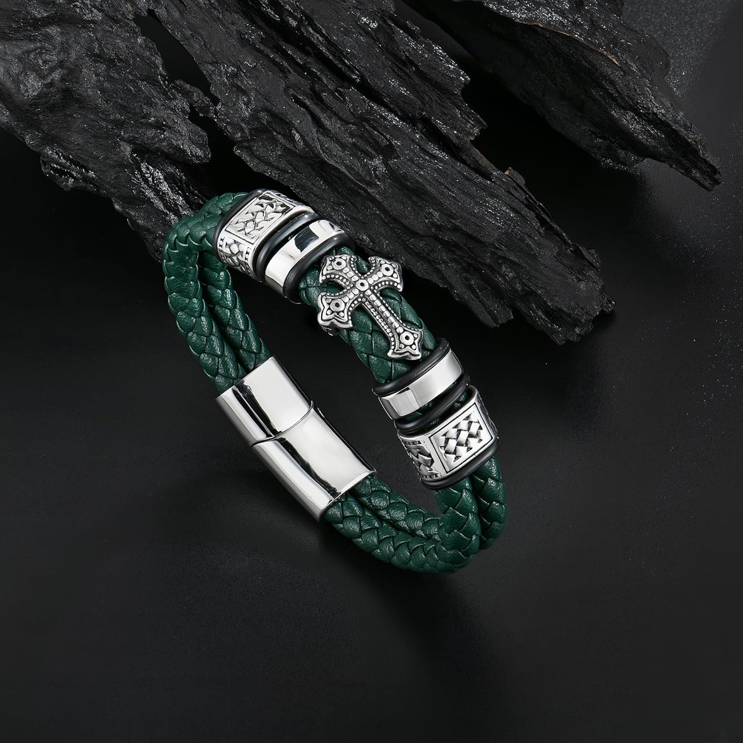 Mens Christian Cross Double Row Leather Bracelet, Religious Braided Cuff Bracelet for Men - Image 4