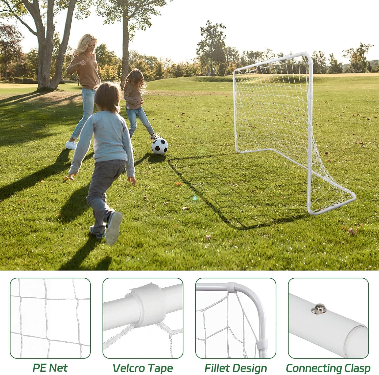 Questa Porta da Calcio per Giardino, Rete da Calcio 6 x 4 Piedi con Telaio in Acciaio e picchetti per Il Fissaggio a Terra, Bianca