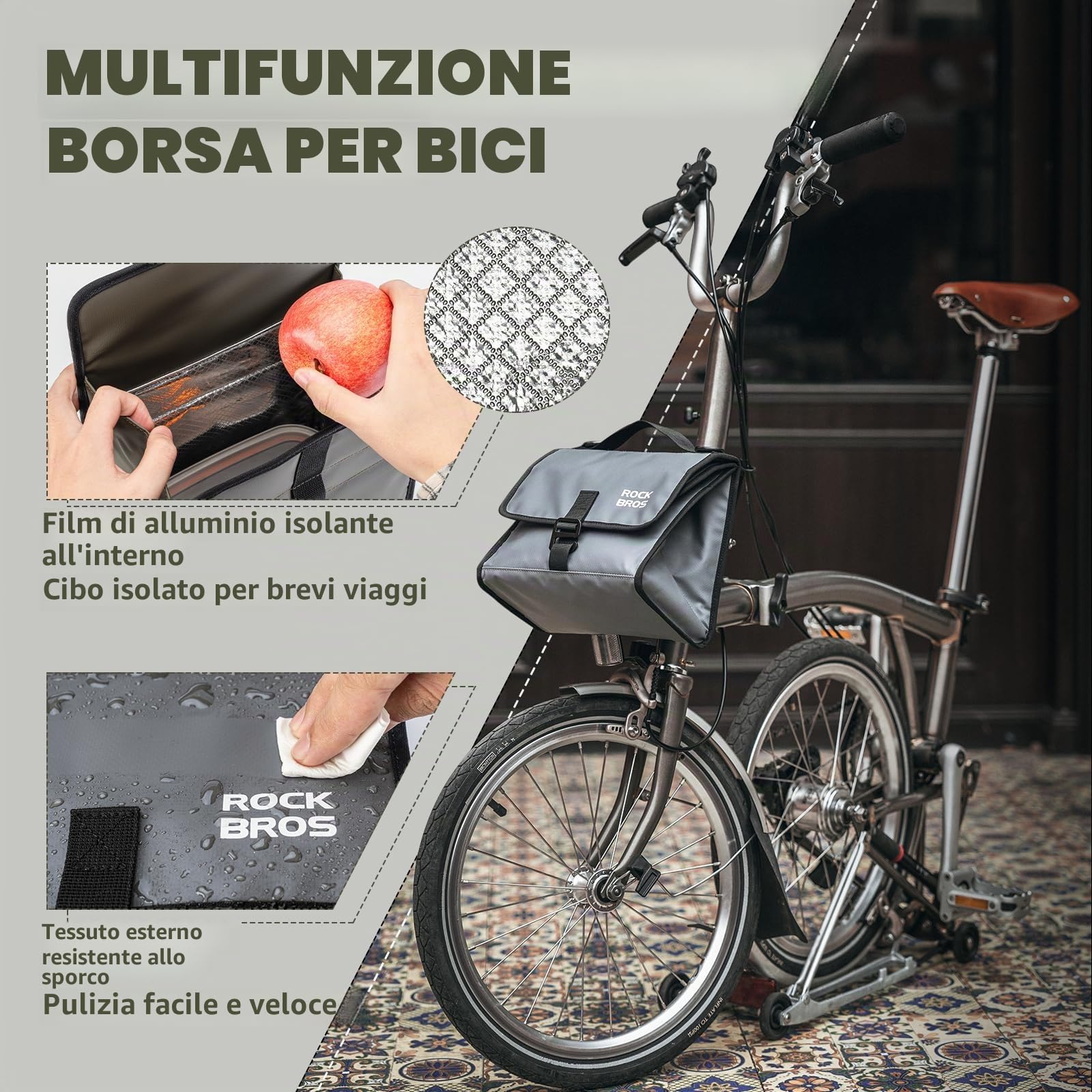 ROCKBROS Borsa Anteriore per Bici Brompton, Borsa con Fibbia Bormpton Bike, Grande Capacità 4-7L, Termica, Portatile con Tracolla