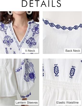 Womens Embroidered Shirt Long Sleeve Peasant Blouse Lantern Sleeve Boho Tops V Neck Loose Lightweight Casual Tunic