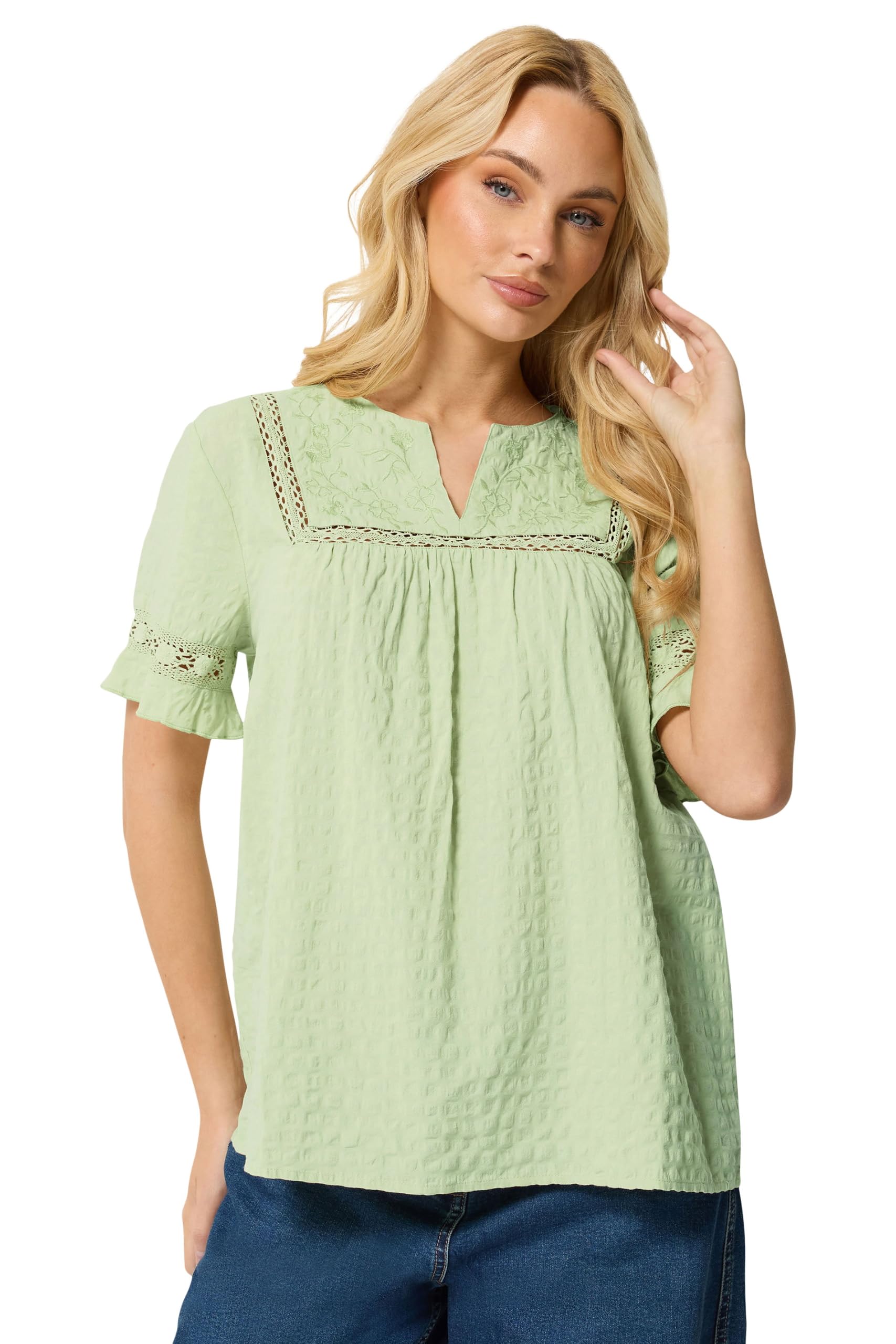 M&Co Sage Green Embroidered Cotton Ruffle Top - Women's